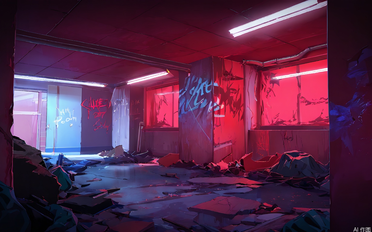 YXCJ A dark, abandoned room with red lighting, graffiti on the walls, and a broken chair. The room has a grungy, dystopian feel with peeling paint and scattered debris. The walls are tagged with various messages, including "Welcome" and "Leave." A small fire burns in the corner, casting flickering shadows. The ceiling has exposed pipes and fluorescent lights. The floor is covered in broken glass and trash. The overall mood is bleak and desolate.