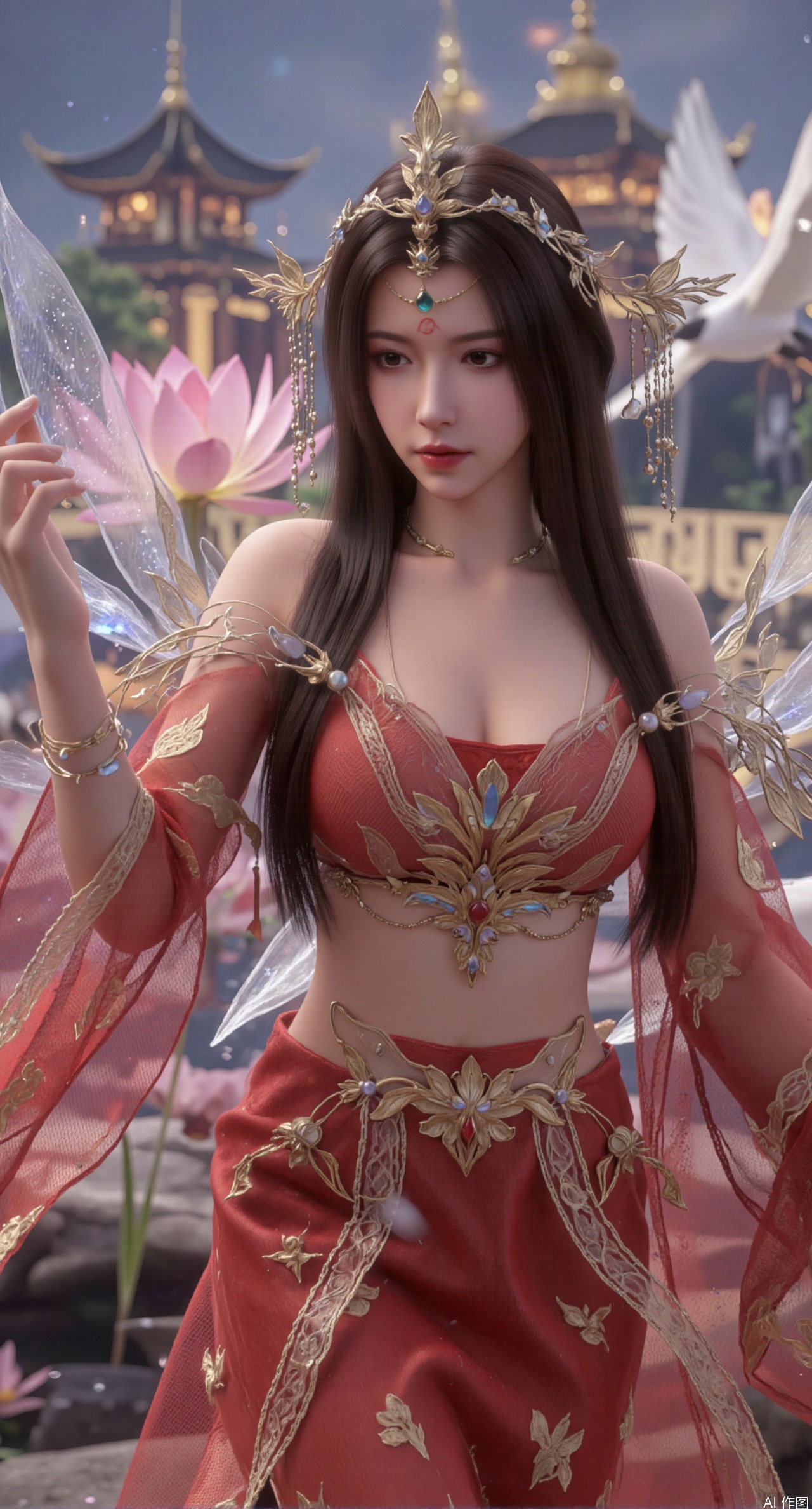 SFW,(masterpiece:1.2),best quality,1girl,solo,long hair,(red|blue long dress),celestial maiden in flowing tulle gown levitates above lotus pond, ethereal mist trails from hair ribbons, mythical Penglai paradise emerges through clouds with glowing pavilions, translucent bioluminescent lotus blooms, flock of cranes gliding over water surface, ultra HD with soft 3D rendering, morning light filters through mist, falling petal rain, intricate details on scale-patterned fabric and lotus veins.(huge breasts:2.99),(full breasts:2.99),XliumeiY,XyueliuY,Xyunwangshu,XlishaoyinY