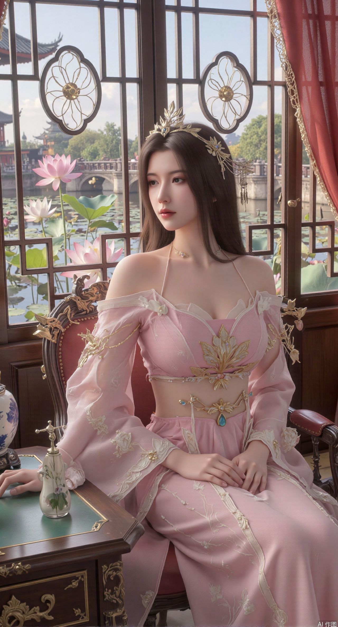 SFW,(masterpiece, best quality:1.2),1girl, solo, long dress,Ancient princess's boudoir with bright color palette,,(huge breasts:2.39),(full breasts:2.39), Hanfu-clad maiden sitting by latticed window desk in romantic daydreaming posture, classical Chinese garden through window showcasing lotus pond filled with blooming pink and white lotuses, delicate ink-wash painting style, interior featuring rosewood furniture with mother-of-pearl inlay, silk curtains fluttering in breeze, porcelain stationery set on desk, distant view of curved bridges and pavilions in garden, ultra HD rendering with crisp details on embroidered garments and translucent lotus petals,,(huge breasts:2.99),(full breasts:2.99),XyueliuY