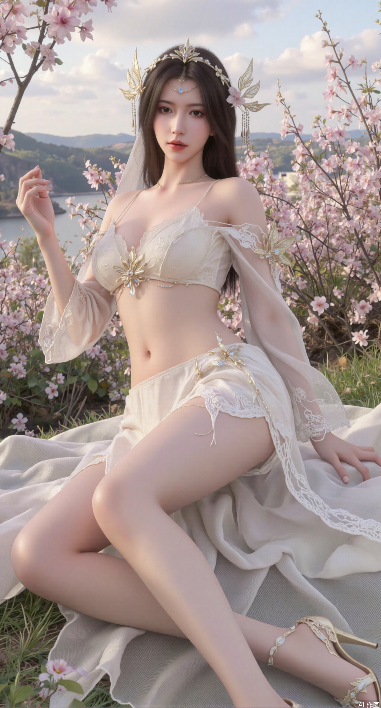 SFW,(masterpiece:1.2),best quality,absurdres,masterpiece,original,extremely detailed wallpaper,perfect lighting,This is a digital illustration featuring a beautiful,young Asian woman with a slender,elegant physique. She is lying on her side in a lush,white and pink flowers.(huge breasts:2.99),(full breasts:2.99),Her long,dark hair is styled in a high ponytail,adorned with a delicate,floral hair accessory. She has fair skin and striking red lips,with a serene,slightly seductive expression. Her attire is a revealing,fantasy-style dress with intricate lace and beading details,highlighting her ample breasts and slender waist. The dress has a sheer,flowing quality,with a detached sleeve and a high slit,revealing her toned legs. She wears matching high heels with intricate straps. The background features rolling hills and a distant lake,under a soft,pastel sky,creating a tranquil,dreamy atmosphere. The overall style of the illustration is highly detailed,XyueliuY,Xyunwangshu,XlishaoyinY
