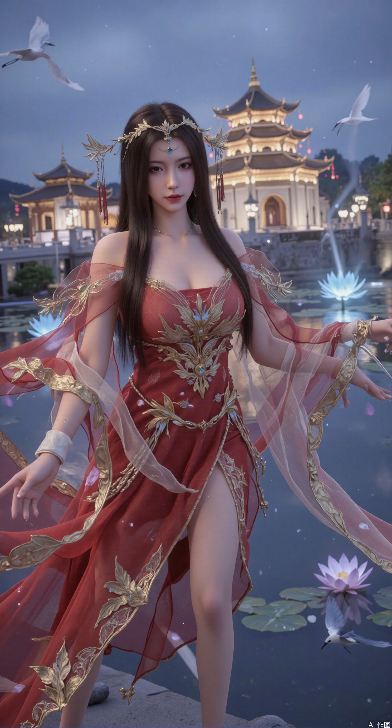 SFW,(masterpiece:1.2),best quality,1girl,solo,long hair,(red|blue long dress),celestial maiden in flowing tulle gown levitates above lotus pond, ethereal mist trails from hair ribbons, mythical Penglai paradise emerges through clouds with glowing pavilions, translucent bioluminescent lotus blooms, flock of cranes gliding over water surface, ultra HD with soft 3D rendering, morning light filters through mist, falling petal rain, intricate details on scale-patterned fabric and lotus veins.(huge breasts:2.99),(full breasts:2.99),XliumeiY,XyueliuY,Xyunwangshu,XlishaoyinY