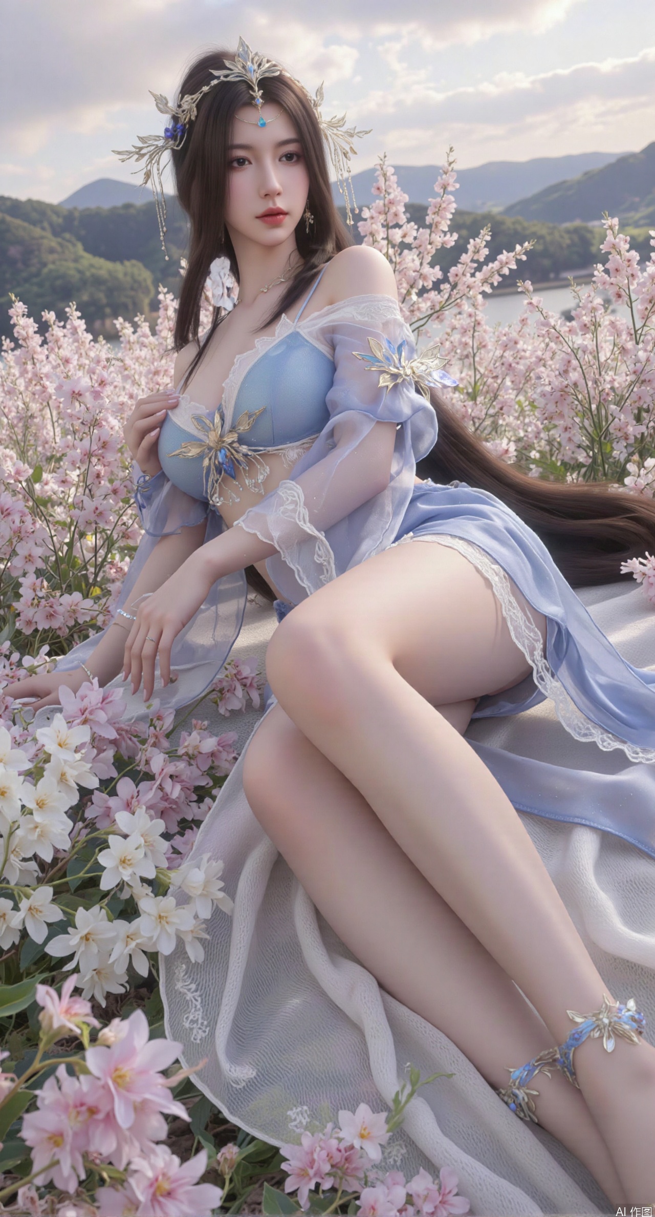 SFW,(masterpiece:1.2),best quality,absurdres,masterpiece,original,extremely detailed wallpaper,perfect lighting,This is a digital illustration featuring a beautiful,young Asian woman with a slender,elegant physique. She is lying on her side in a lush,white and pink flowers.(huge breasts:2.99),(full breasts:2.99),Her long,dark hair is styled in a high ponytail,adorned with a delicate,floral hair accessory. She has fair skin and striking red lips,with a serene,slightly seductive expression. Her attire is a revealing,blue|white dress with intricate lace and beading details,highlighting her ample breasts and slender waist. The dress has a sheer,flowing quality,with a detached sleeve and a high slit,revealing her toned legs. She wears matching high heels with intricate straps. The background features rolling hills and a distant lake,under a soft,pastel sky,creating a tranquil,dreamy atmosphere. The overall style of the illustration is highly detailed,XyueliuY,Xyunwangshu,XlishaoyinY
