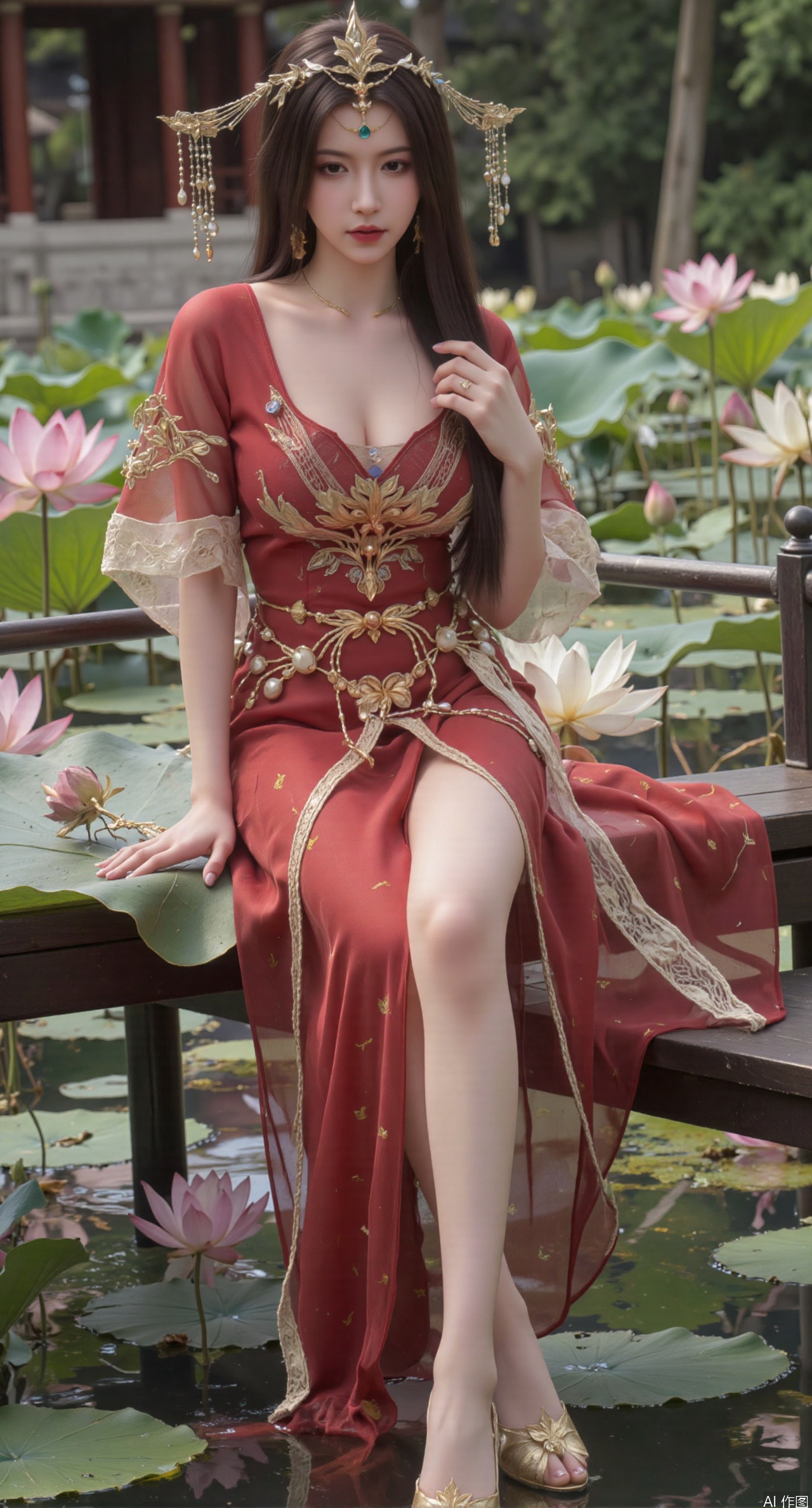 SFW,(masterpiece:1.2),best quality, a young woman Sitting on the giant lily leaf in the pond. She is wearing a long red|blue dress with design on the chest and sleeves. The dress has a high neckline and short sleeves,Holding a lotus in hand. She has long hair styled in loose waves and is wearing gold high heels. The woman is posing with one hand on her hip and the other resting on the edge of the bench. The background is filled with pink and white lotus flowers and green leaves. The overall mood of the image is peaceful and serene,(huge breasts:2.99),(full breasts:2.99),(Background with traditional Chinese architecture, lotus pond and pink lotus flowers:1.39),XtianqiongY,XliumeiY,large natural breast,soft breasts,XyueliuY,XlishaoyinY,Xyunwangshu