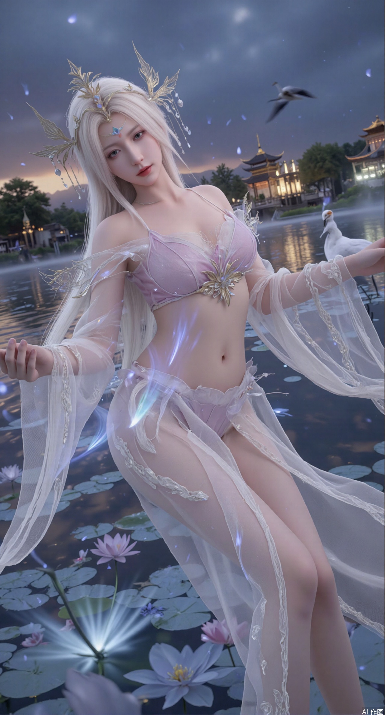 SFW,(masterpiece:1.2),best quality,1girl,solo,long hair,long dress,celestial maiden in flowing tulle gown levitates above lotus pond, ethereal mist trails from hair ribbons, mythical Penglai paradise emerges through clouds with glowing pavilions, translucent bioluminescent lotus blooms, flock of cranes gliding over water surface, ultra HD with soft 3D rendering, morning light filters through mist, falling petal rain, intricate details on scale-patterned fabric and lotus veins.(huge breasts:2.99),(full breasts:2.99),XliumeiY,XyueliuY,Xyunwangshu,XlishaoyinY