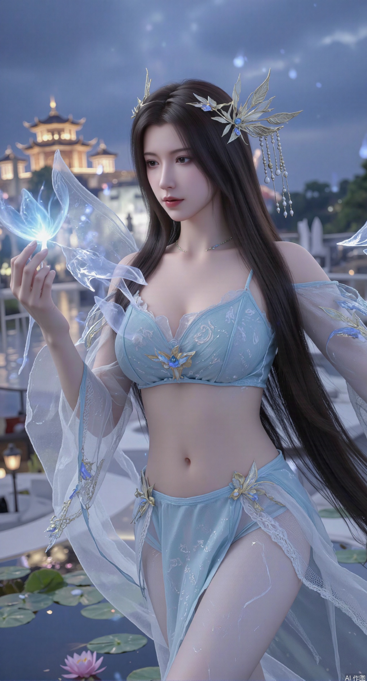 SFW,(masterpiece:1.2),best quality,1girl,solo,long hair,long dress,celestial maiden in flowing tulle gown levitates above lotus pond, ethereal mist trails from hair ribbons, mythical Penglai paradise emerges through clouds with glowing pavilions, translucent bioluminescent lotus blooms, flock of cranes gliding over water surface, ultra HD with soft 3D rendering, morning light filters through mist, falling petal rain, intricate details on scale-patterned fabric and lotus veins.(huge breasts:2.99),(full breasts:2.99),XliumeiY,XyueliuY,Xyunwangshu,XlishaoyinY