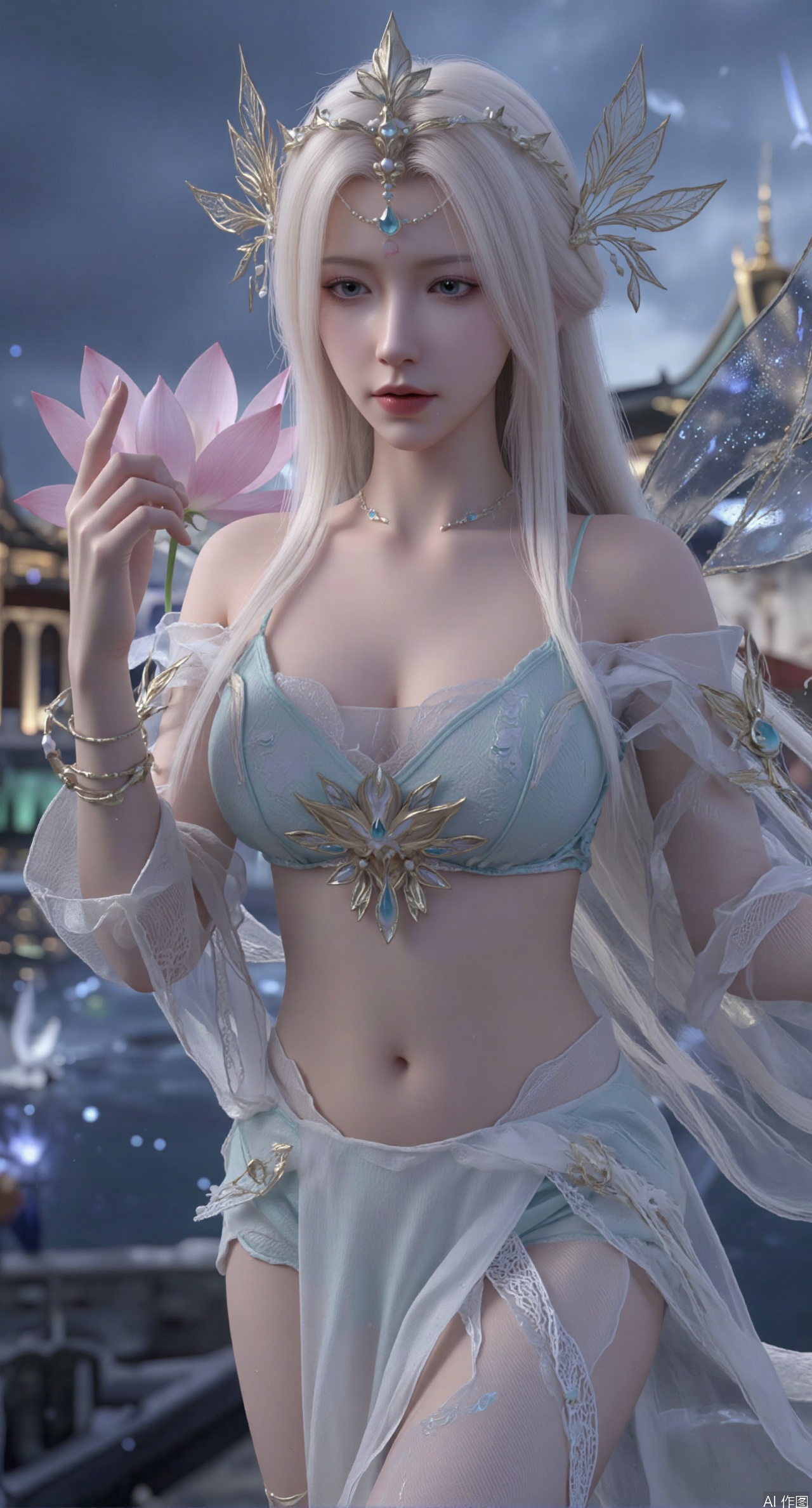 SFW,(masterpiece:1.2),best quality,1girl,solo,long hair,long dress,celestial maiden in flowing tulle gown levitates above lotus pond, ethereal mist trails from hair ribbons, mythical Penglai paradise emerges through clouds with glowing pavilions, translucent bioluminescent lotus blooms, flock of cranes gliding over water surface, ultra HD with soft 3D rendering, morning light filters through mist, falling petal rain, intricate details on scale-patterned fabric and lotus veins.(huge breasts:2.99),(full breasts:2.99),XliumeiY,XyueliuY,Xyunwangshu,XlishaoyinY