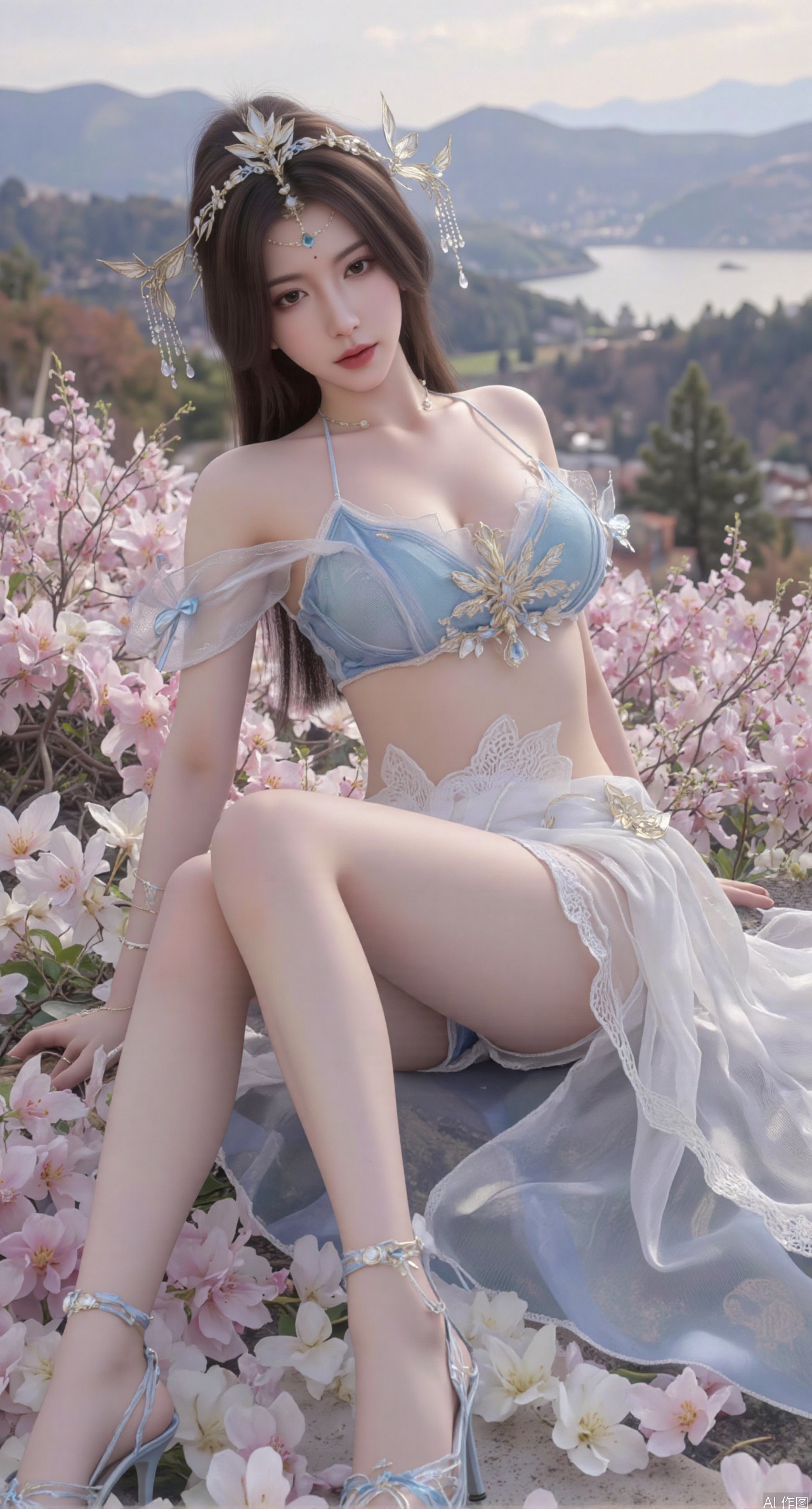 SFW,(masterpiece:1.2),best quality,absurdres,masterpiece,original,extremely detailed wallpaper,perfect lighting,This is a digital illustration featuring a beautiful,young Asian woman with a slender,elegant physique. She is lying on her side in a lush,white and pink flowers.(huge breasts:2.99),(full breasts:2.99),Her long,dark hair is styled in a high ponytail,adorned with a delicate,floral hair accessory. She has fair skin and striking red lips,with a serene,slightly seductive expression. Her attire is a revealing,blue|white dress with intricate lace and beading details,highlighting her ample breasts and slender waist. The dress has a sheer,flowing quality,with a detached sleeve and a high slit,revealing her toned legs. She wears matching high heels with intricate straps. The background features rolling hills and a distant lake,under a soft,pastel sky,creating a tranquil,dreamy atmosphere. The overall style of the illustration is highly detailed,XyueliuY,Xyunwangshu,XlishaoyinY