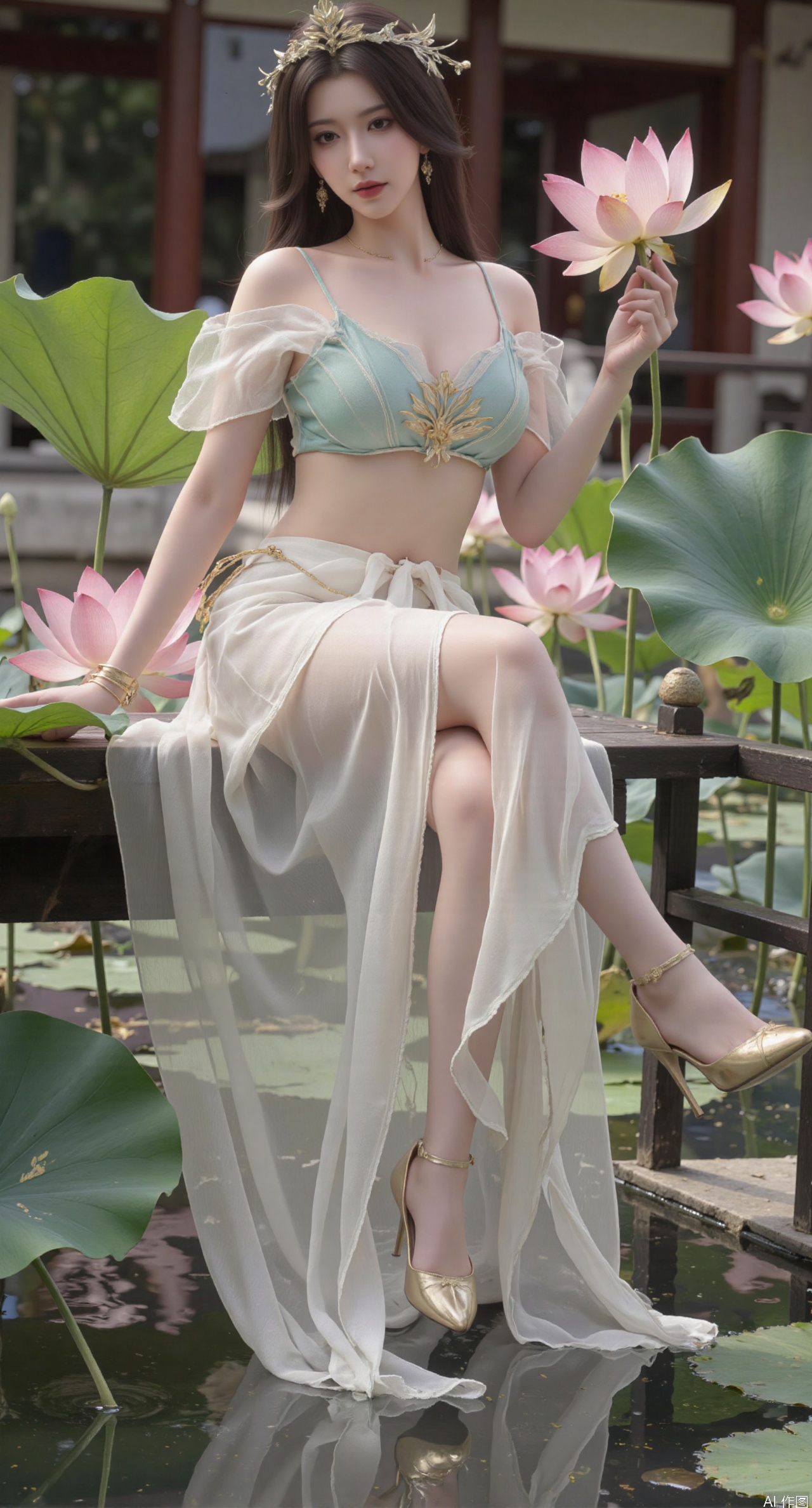 SFW,(masterpiece:1.2),best quality, a young woman Sitting on the giant lily leaf in the pond. She is wearing a long dress with design on the chest and sleeves. The dress has a high neckline and short sleeves,Holding a lotus in hand. She has long hair styled in loose waves and is wearing gold high heels. The woman is posing with one hand on her hip and the other resting on the edge of the bench. The background is filled with pink and white lotus flowers and green leaves. The overall mood of the image is peaceful and serene,(huge breasts:2.99),(full breasts:2.99),(Background with traditional Chinese architecture, lotus pond and pink lotus flowers:1.39),XtianqiongY,XliumeiY,large natural breast,soft breasts,XyueliuY,XlishaoyinY,Xyunwangshu