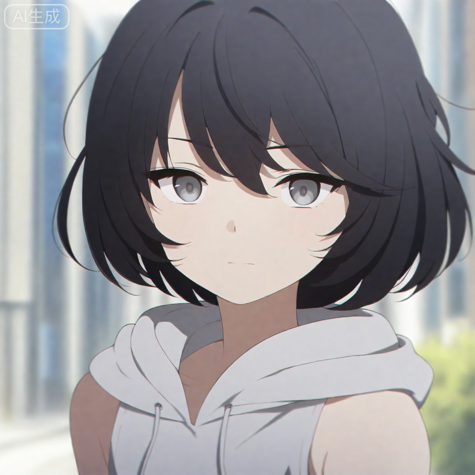 1girl, solo,
young_girl,
short_hair, black_hair, grey_eyes,
upper_body, portrait, head_and_shoulders,
hoodie, casual_style,
looking_at_viewer, relaxed_expression,
city_background, street,
natural_light,
depth_of_field, blurry_background,
anime_style, high_detail, masterpiece