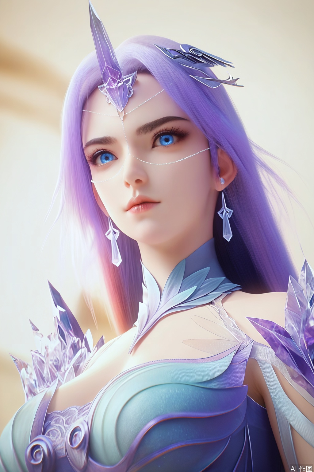 score_9_up,score_8_up,score_7_up,(Masterpiece, Best Quality, High Resolution, 8K Raw),absurdres, highres, Expressiveh,illustration,realistic,
1girl, solo, long hair,purple hair, earrings, looking at viewer, blue eyes, hair ornament, dress, jewelry, closed mouth, upper body,thighs, photorealistic,