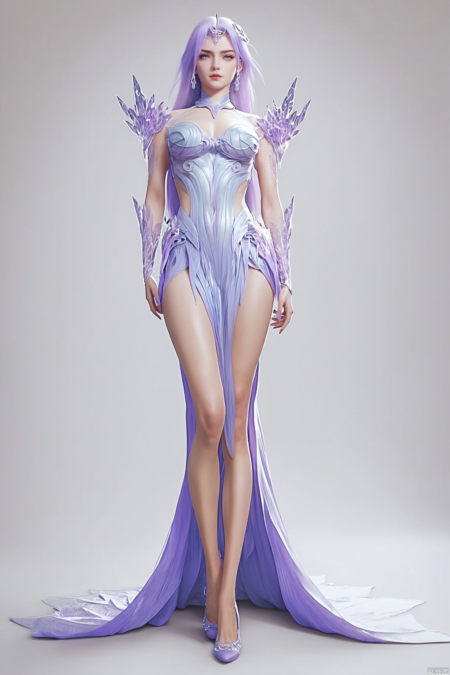 score_9_up,score_8_up,score_7_up,realistic,
1girl, solo, long hair,purple hair, earrings, looking at viewer, dress,full body,thighs, photorealistic,