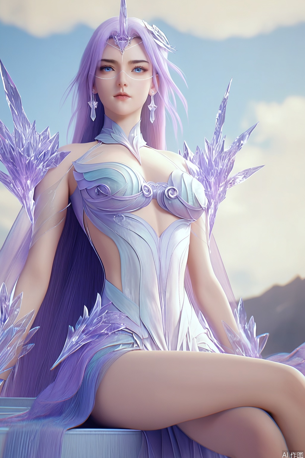 score_9_up,score_8_up,score_7_up,(Masterpiece, Best Quality, High Resolution, 8K Raw),absurdres, highres, Expressiveh,illustration,realistic,
1girl, solo, long hair,purple hair, earrings, looking at viewer, blue eyes, hair ornament, dress, jewelry, closed mouth, upper body,thighs, photorealistic,