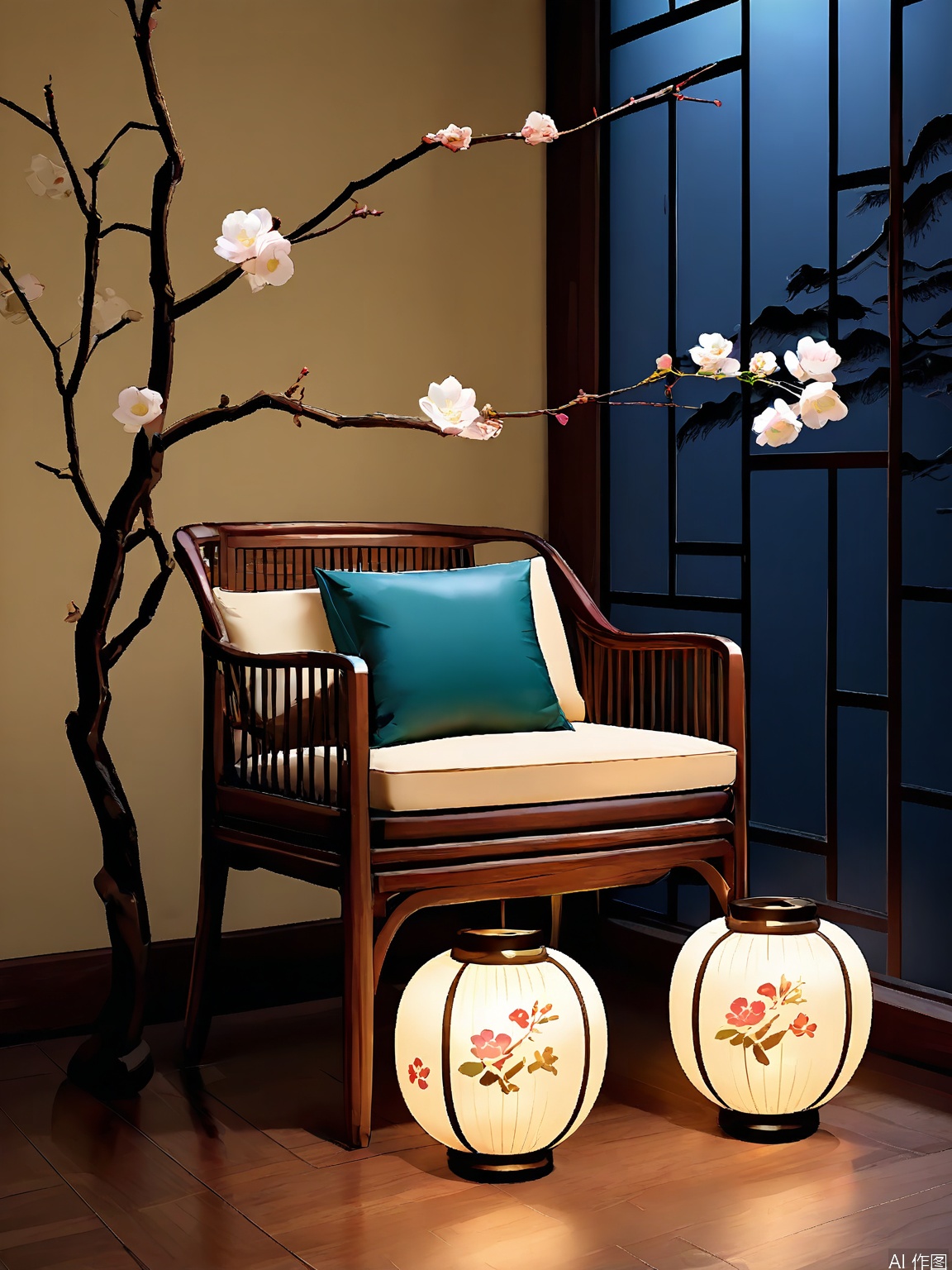 JJCJ, A beautifully designed living room with a minimalist aesthetic. The room features a large, elegant wooden chair with a cushioned seat and backrest, positioned in front of a sleek, geometric wall. Two traditional Japanese lanterns with floral patterns illuminate the space, casting a warm, inviting glow. A tall, slender tree with white blossoms stands to the left, adding a touch of nature. The floor is a light, polished wood, complementing the overall serene and sophisticated atmosphere. The style is modern with a nod to traditional Japanese design.