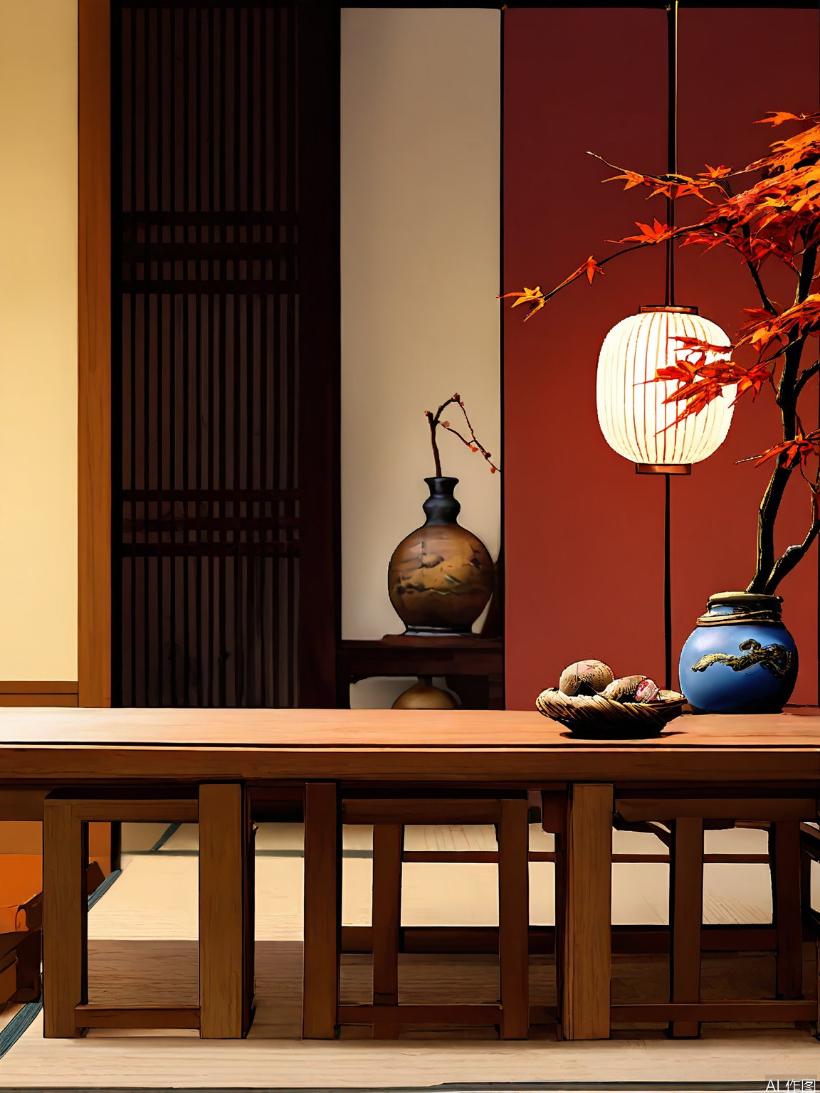 JJCJ, A serene Japanese-style room with traditional wooden furniture, including a low table and two chairs, set against a shoji screen backdrop. The room features a large, elegant vase with a branch of autumn leaves, and a small, round paper lantern hanging from the ceiling. Warm, ambient lighting casts a soft glow, enhancing the tranquil atmosphere. The color palette includes earthy tones of brown, beige, and soft yellow.