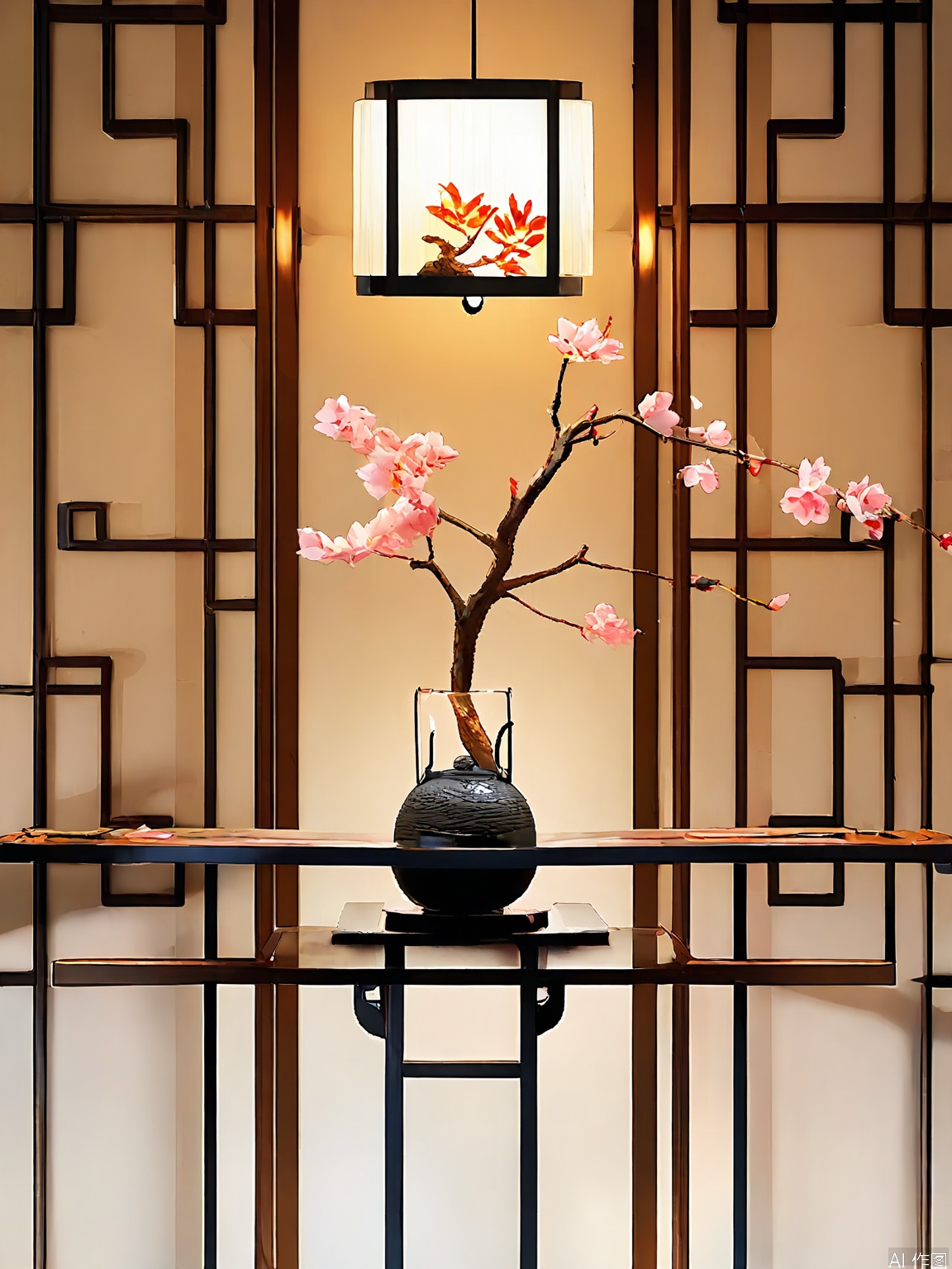 JJCJ, A photograph of a minimalist, modern interior featuring a dark wooden table with a glass top. On the table, there is a black ceramic vase with a single branch of pink cherry blossoms, a small black ceramic teapot, and a matching black ceramic cup and saucer with a traditional Asian design. The background includes a large window with sheer white curtains, allowing soft natural light to filter in. A square, modern pendant light with a white, translucent shade hangs above the table, casting a warm glow. The overall color palette is neutral and calming, with shades of black, white, and natural light.