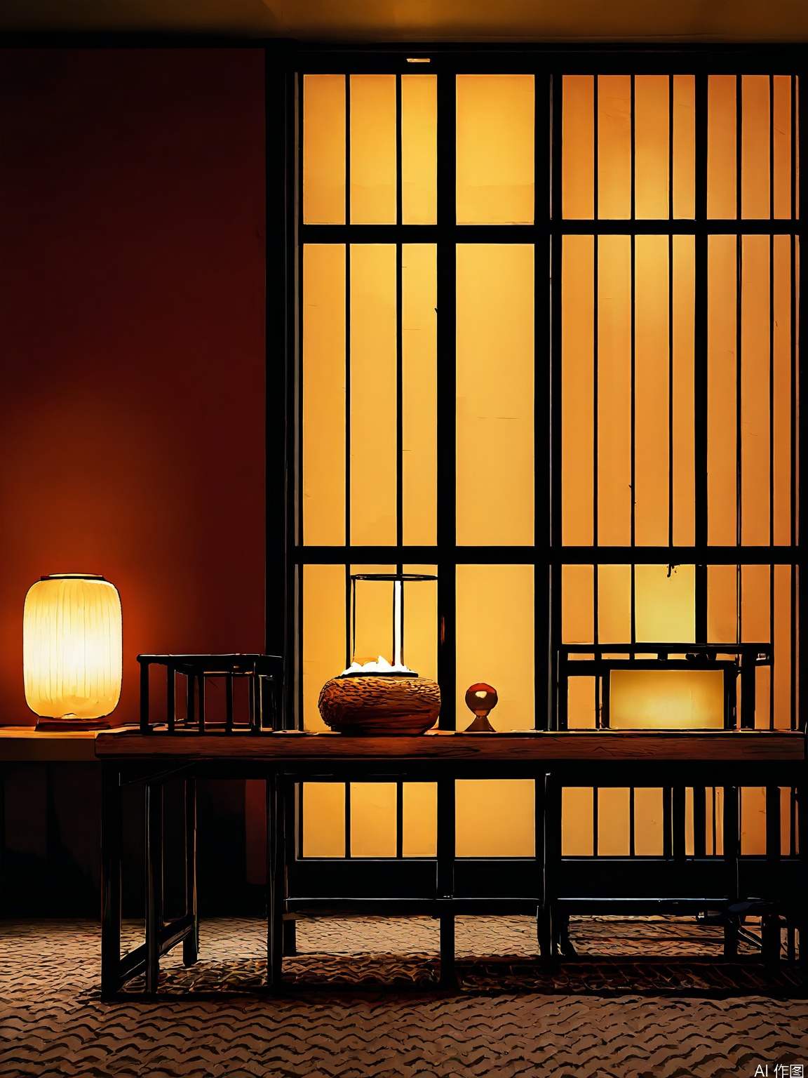 JJCJ, A minimalist Japanese-style room with a warm, serene atmosphere. The image features a wooden sliding door with a black frame on the right, a traditional Japanese paper screen, and a framed calligraphy scroll on the left. The room is dimly lit with a soft, warm glow from a cylindrical, beige lamp on the right. A black, cushioned chair is positioned in the foreground, and a wooden bench is against the wall. The floor is covered with dark, textured tiles, and a soft, woven rug is partially visible in the lower right corner. The overall color palette is neutral and earthy.