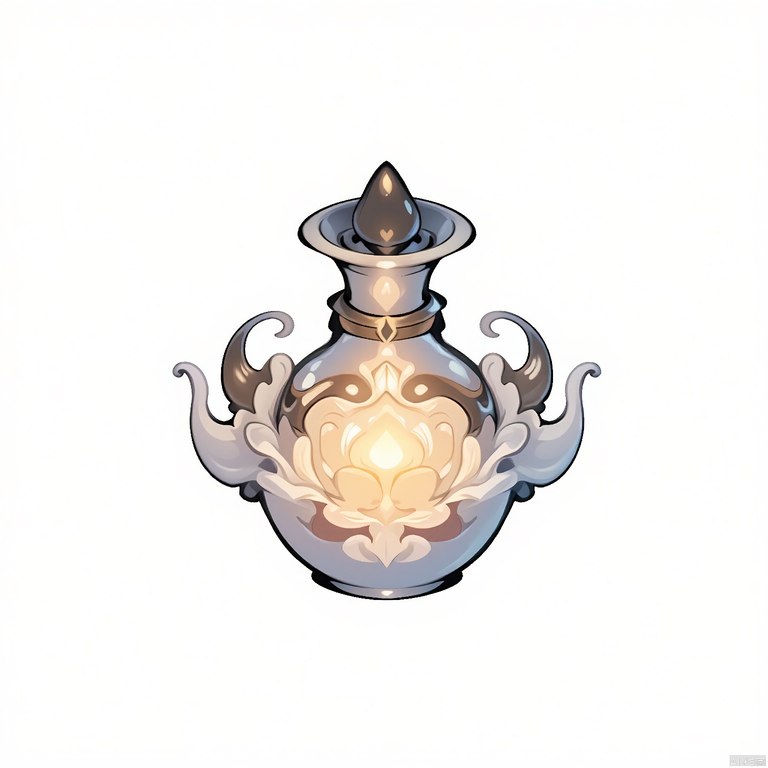 GFTB, A traditional Chinese ink-style game item icon featuring a glowing elixir bottle. The bottle is intricately designed with cloud motifs and has a soft, ethereal glow emanating from it. The background is a simple white, enhancing the mystical aura of the elixir. The overall style is clean yet evocative, focusing on the bottle's ancient charm and magical properties
