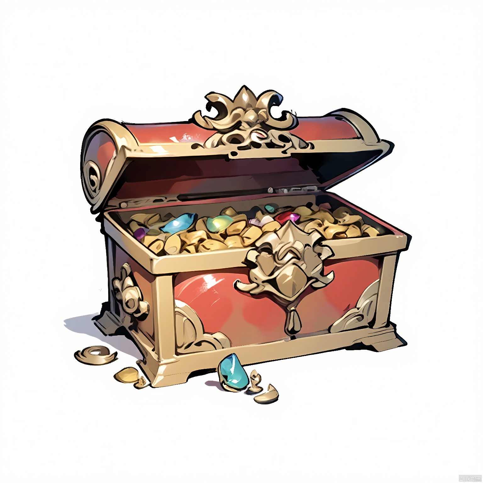GFTB, A traditional Chinese ink painting of a treasure chest filled with gold and jewels. The chest is depicted with intricate carvings and a sense of grandeur, while the jewels sparkle with vibrant colors. The white background adds to the chest's allure, making it a highly desirable item in the game.