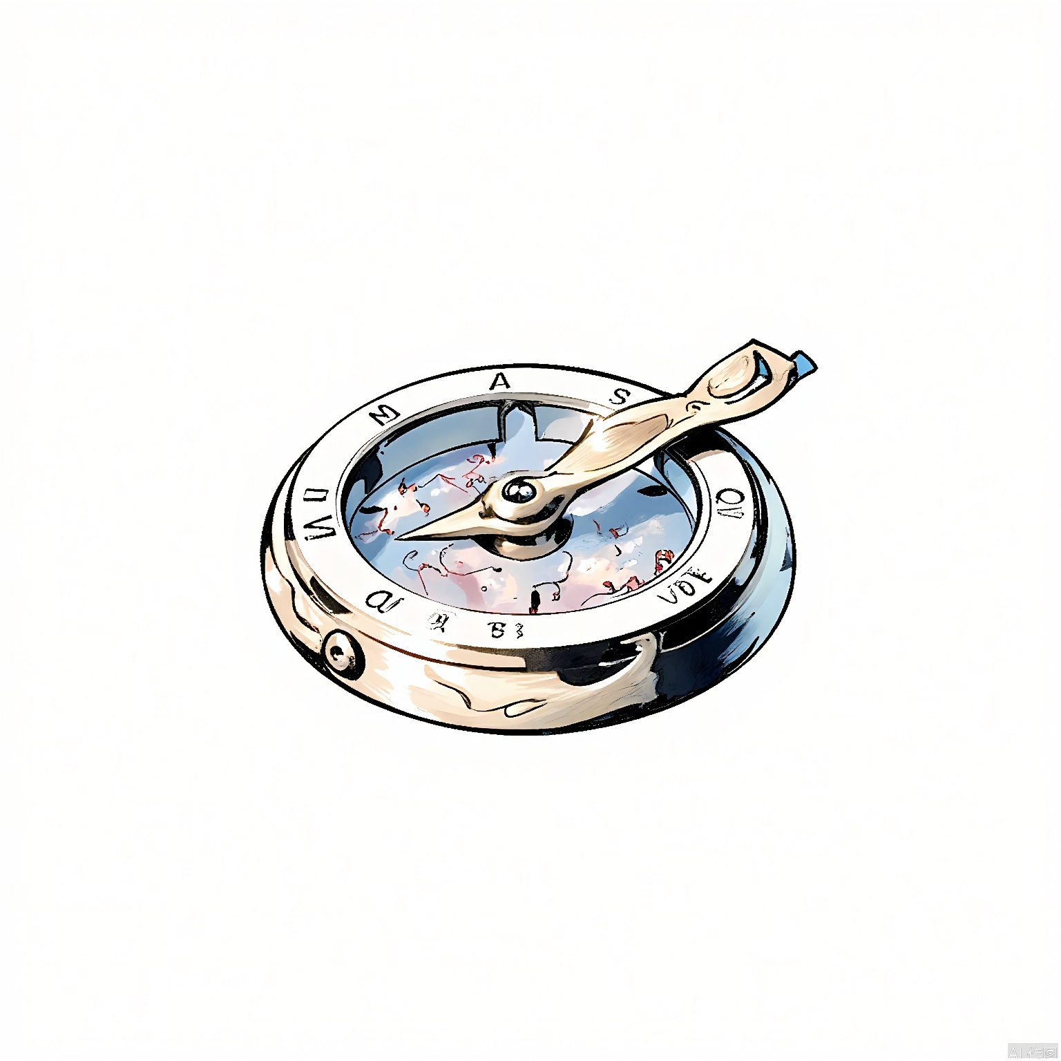 GFTB, An ink wash illustration of a celestial compass used in a fantasy game. The compass is adorned with constellations and has a needle pointing towards a mysterious direction. Against the plain white background, the compass stands out, symbolizing guidance and exploration in the game world.