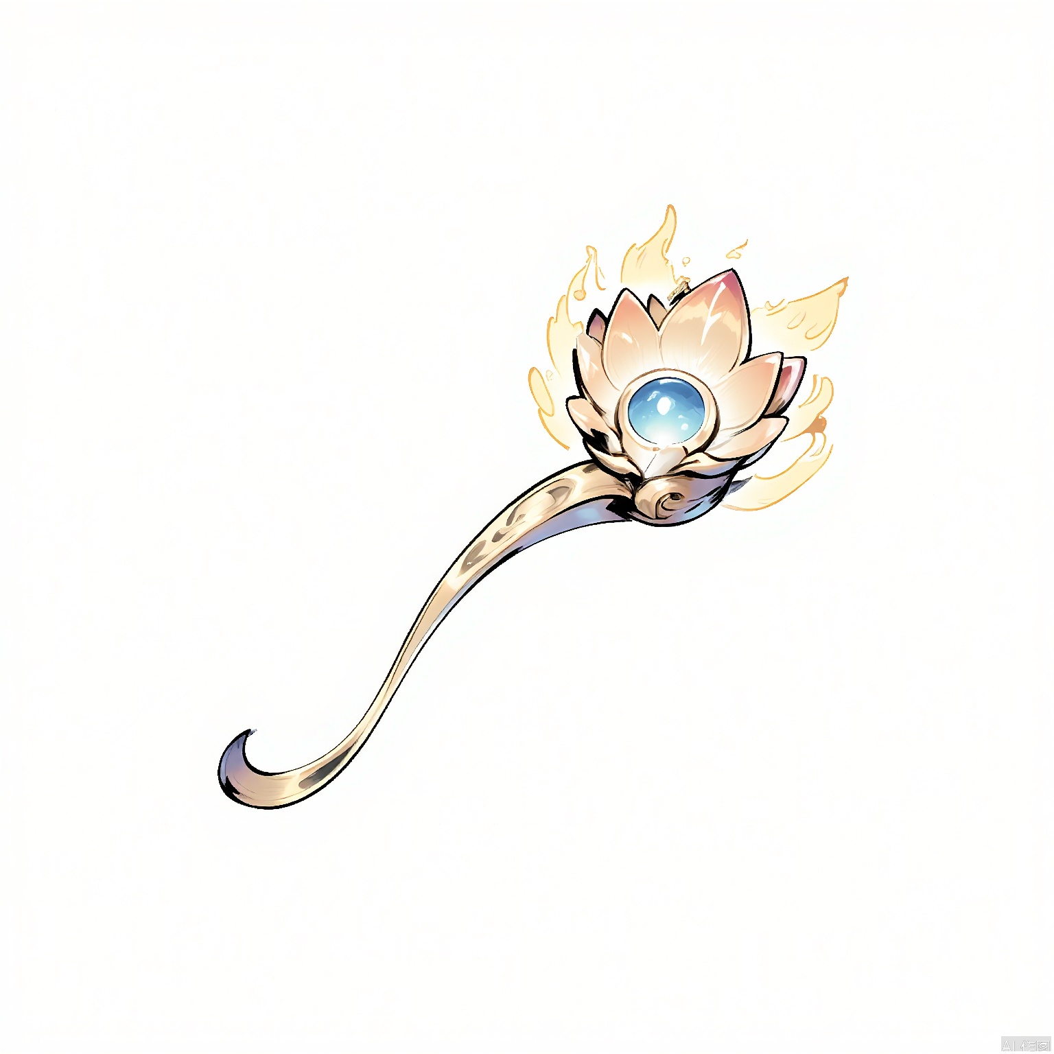 GFTB, An ink illustration of a divine scepter with a crystal orb at its tip. The scepter is adorned with celestial motifs and has a regal aura surrounding it. The white background emphasizes the scepter's divine nature, making it a symbol of authority and power in the game.