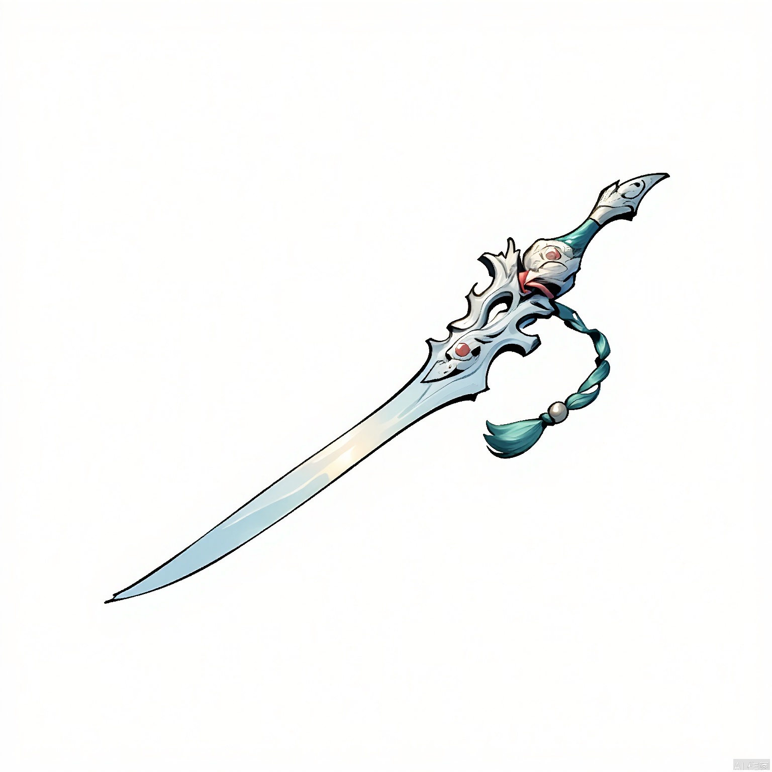 GFTB, A traditional Chinese ink-style game weapon icon featuring a gleaming Jian sword. The sword's blade is depicted with sharp, flowing lines, while its hilt is adorned with intricate cloud motifs and a tassel. The background is a simple white, enhancing the sword's elegance and martial prowess. The overall style is clean yet evocative, focusing on the sword's sharpness and historical charm.