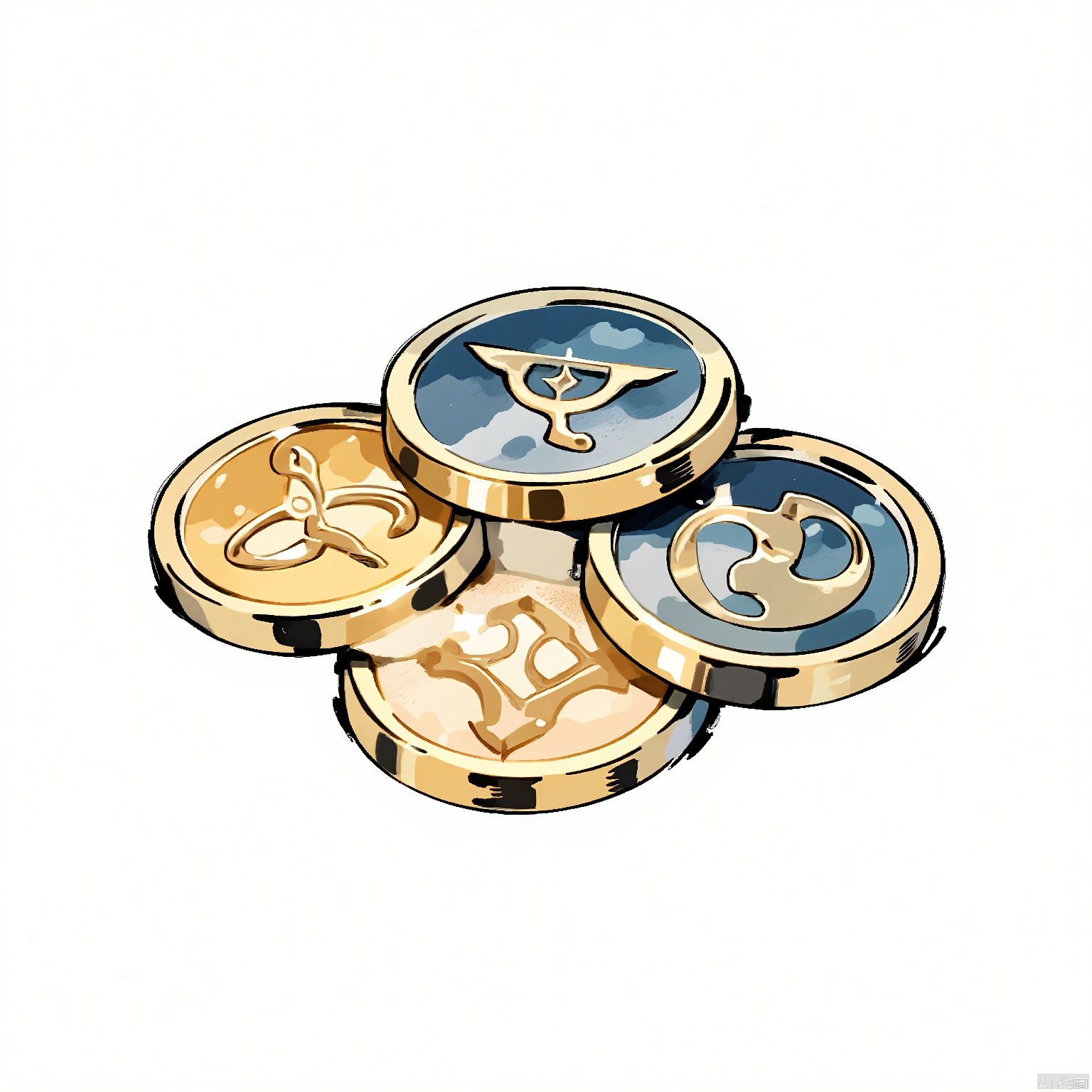 GFTB, An ink wash icon featuring a set of enchanted coins with mysterious symbols on them. The coins are arranged in a circular pattern, hinting at their magical properties and the secrets they hold. Against the plain white background, the coins stand out as currency with hidden powers in the game.