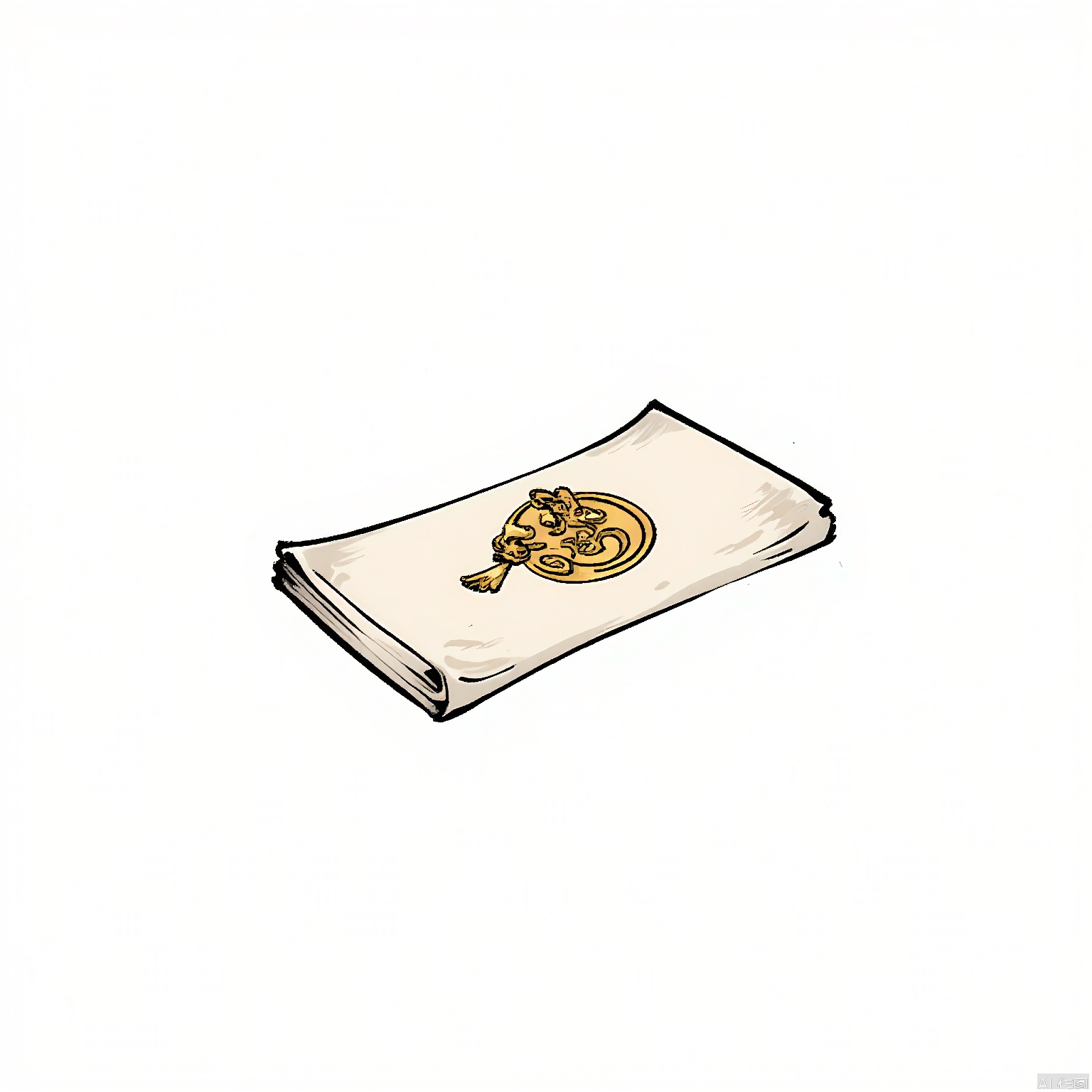 GFTB, A minimalist ink drawing of a enchanted scroll sealed with a golden dragon stamp. The scroll's edges are frayed, hinting at its ancient origins, while the dragon stamp adds a touch of regality. The white background emphasizes the scroll's importance and the secrets it holds.