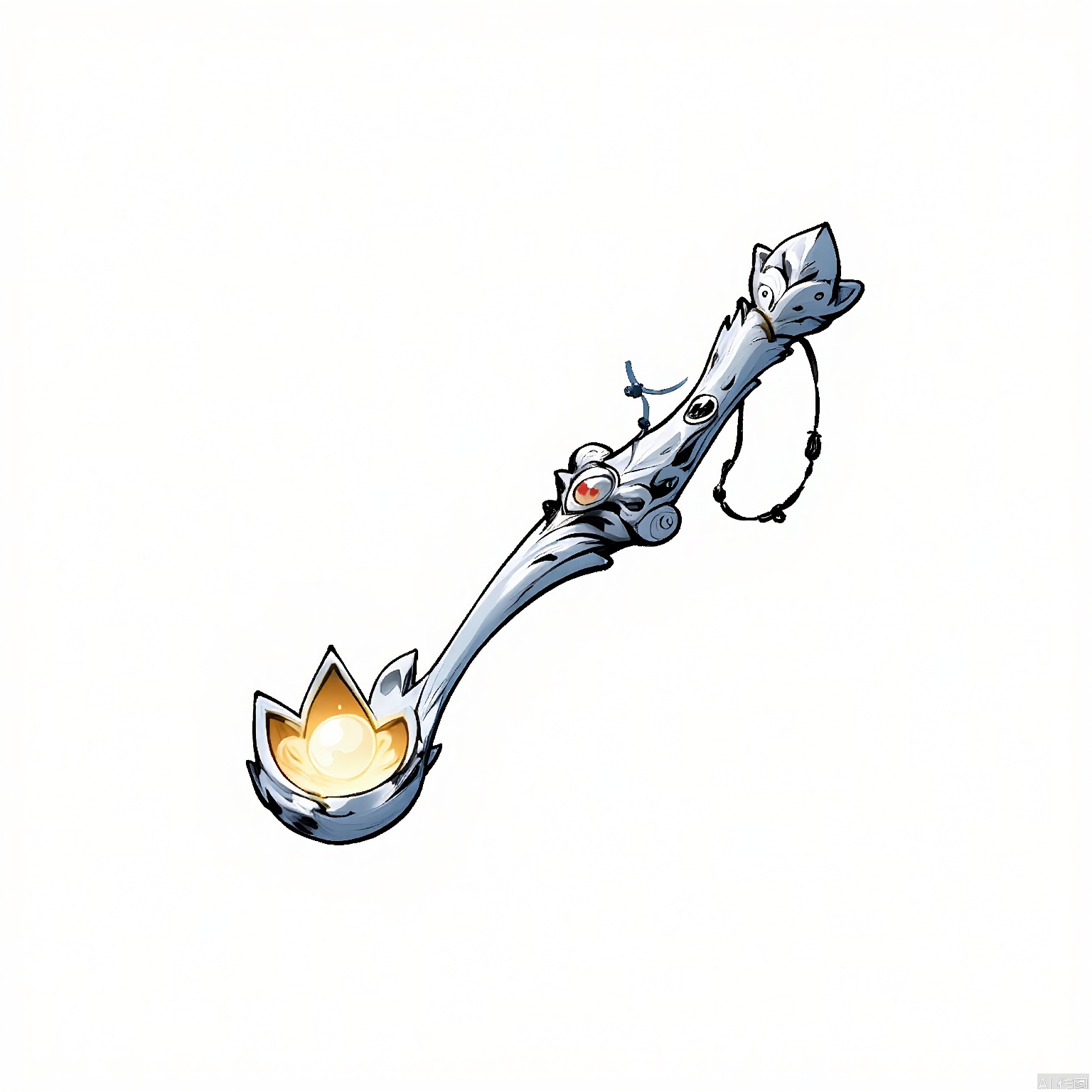GFTB, An ink illustration of a mystical staff topped with a glowing crystal orb. The staff is carved with intricate patterns and symbols of ancient magic, while the orb emits a soft, ethereal light. The white background enhances the staff's mystical presence, symbolizing wisdom and the mastery of arcane arts in the game.
