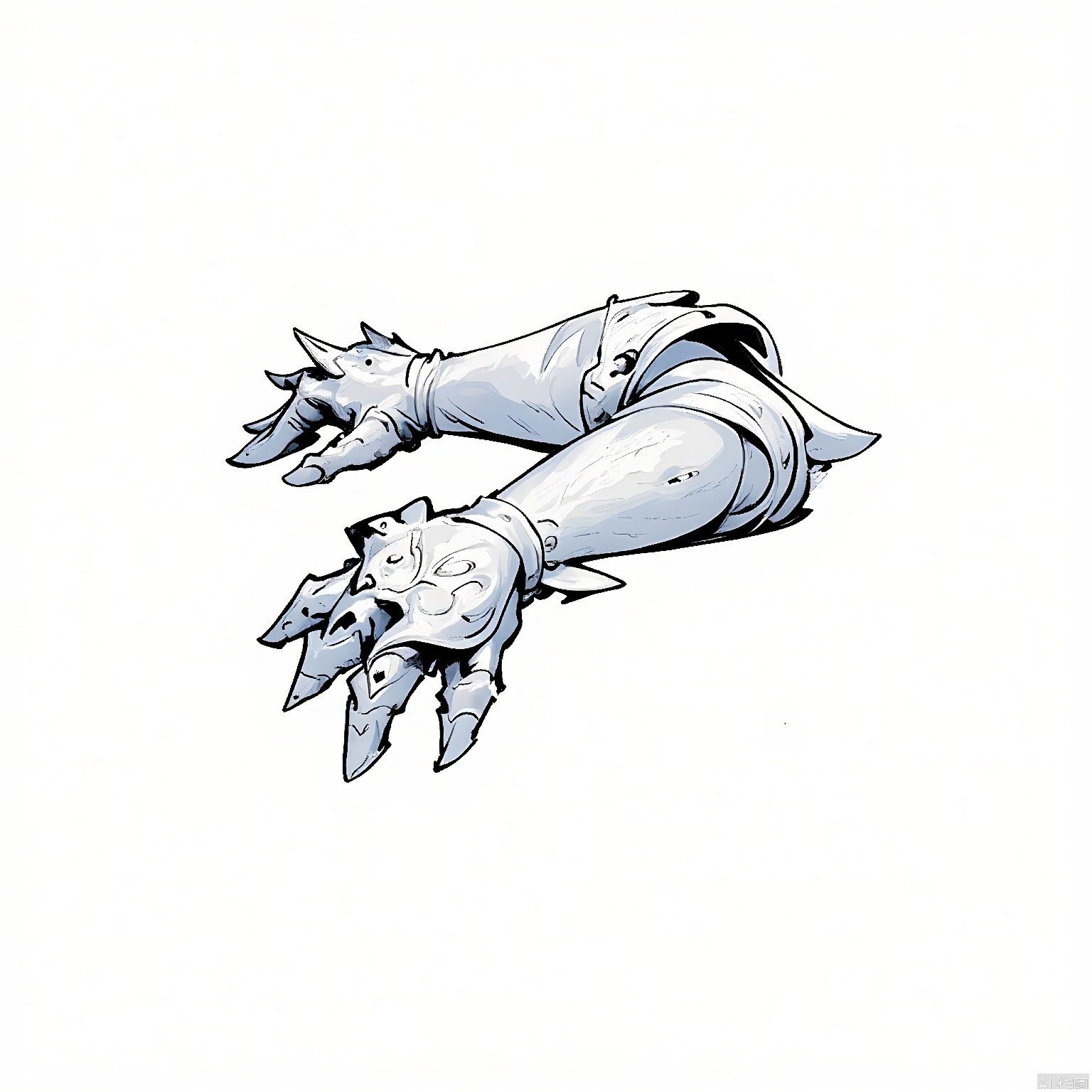 GFTB, An ink wash illustration of a pair of enchanted gauntlets crafted from dragon scales. The gauntlets are rendered with bold, textured strokes, showcasing their durability and the dragon's fierce essence. Against the plain white background, the gauntlets stand out as symbols of strength and resilience, ideal for warriors who face formidable foes in battle.