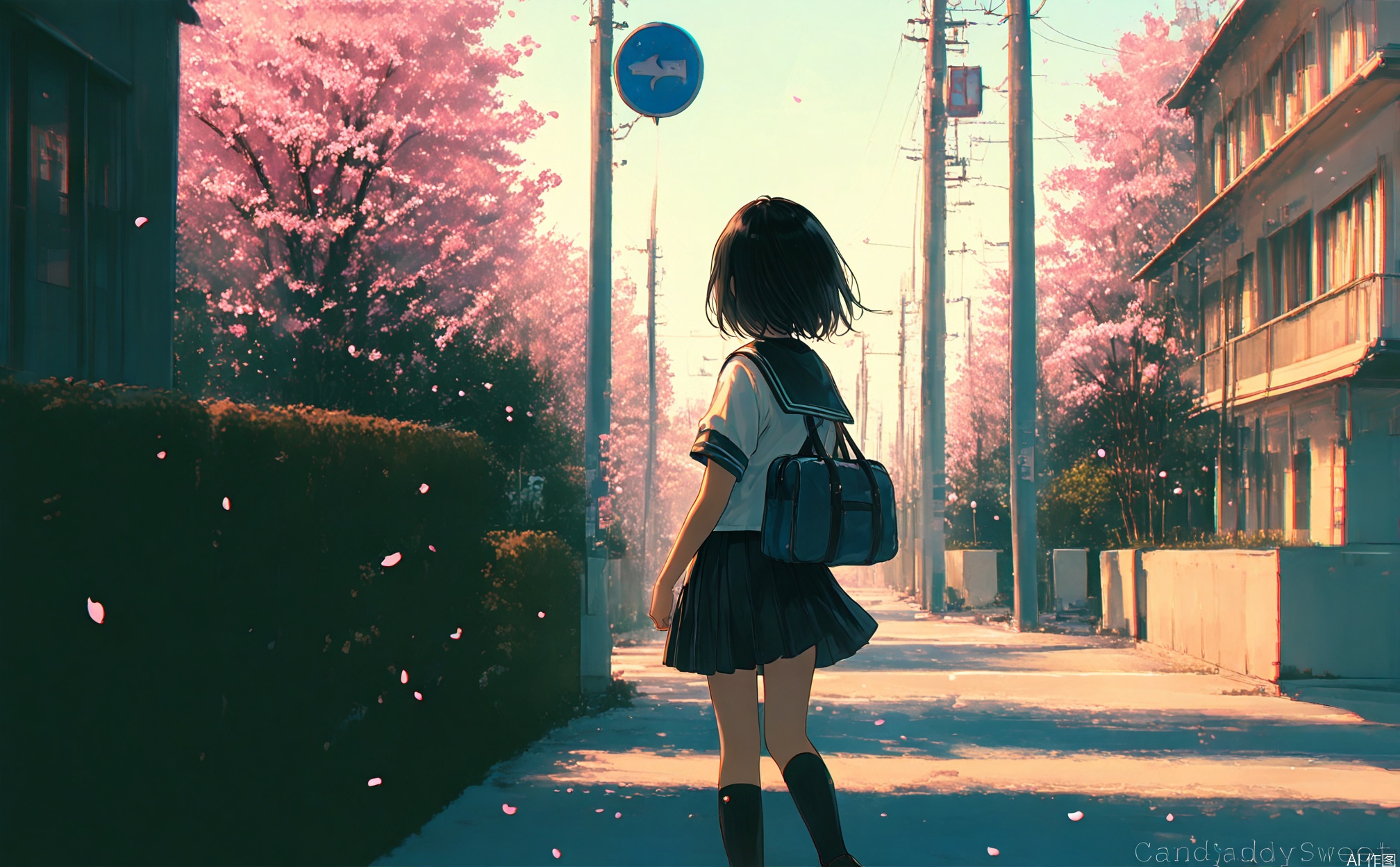 age_down,masterpiece,best quality,high quality,loli,chromatic_aberration,1girl, solo, short hair, skirt, shirt, black hair, holding, school uniform, standing, white shirt, short sleeves, pleated skirt, outdoors, sky, serafuku, day, socks, black skirt, sailor collar, bag, from behind, tree, kneehighs, cherry blossoms, ground vehicle, black socks, building, scenery, walking, school bag, sign, facing away, road, power lines, road sign,qshy