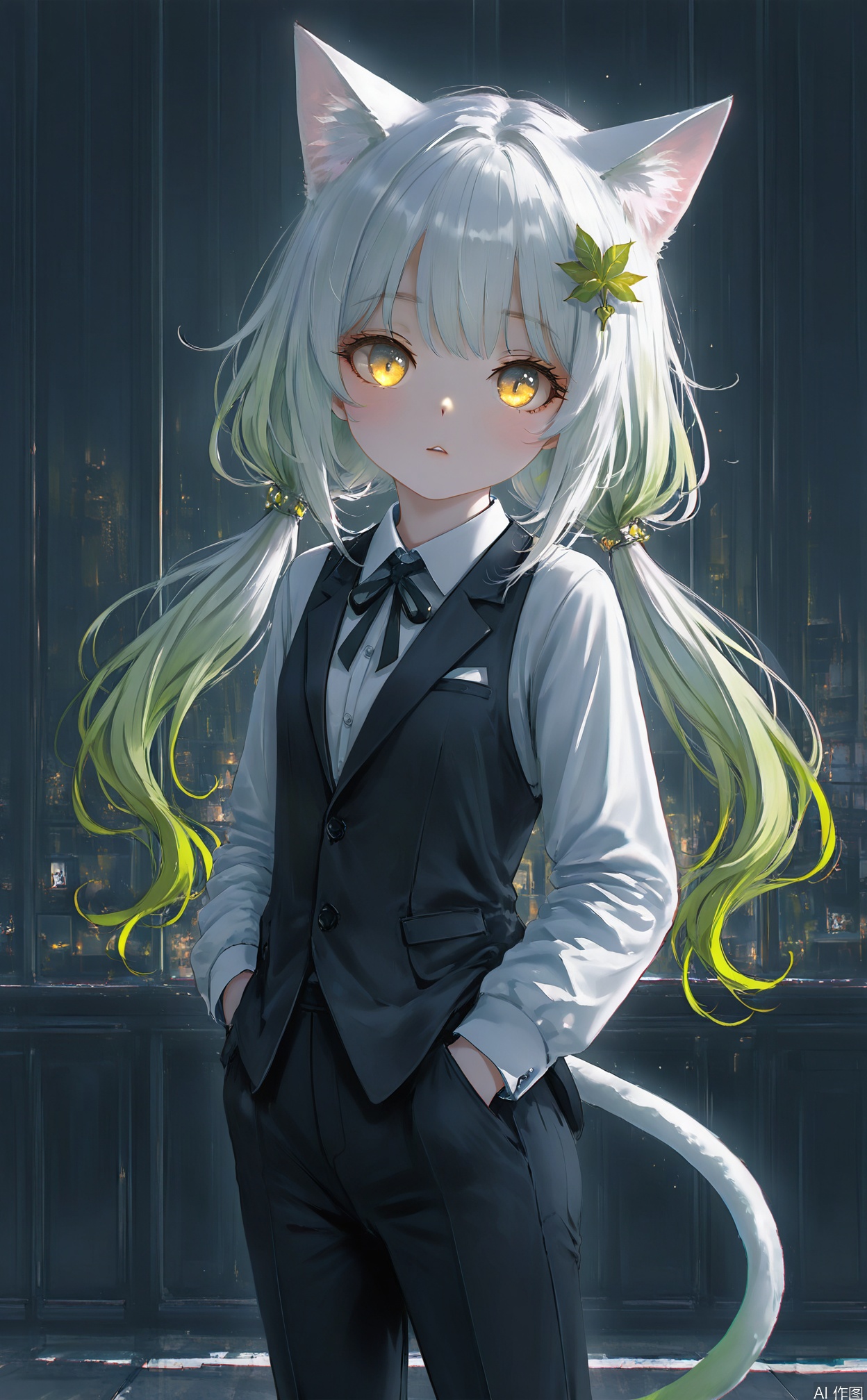 masterpiece, very aware, highres,newest,best quality, loli,petite,chromatic aberration,artist:wlop:0.2,1girl, solo, cat girl, cat eyes, cat ears, cat tail,white tail,white cat ears,flat chest, yellow eyes, goden eyes, Vertical pupils, white hair, green hair, half close eyes,leaf ornament, hair ornament, gradient hair, low twintails,suit, long sleeves,long pants,office room background,sideview, (nahida \(genshin impact\):0.5) ,qshy,cxqbwh,cxbackground