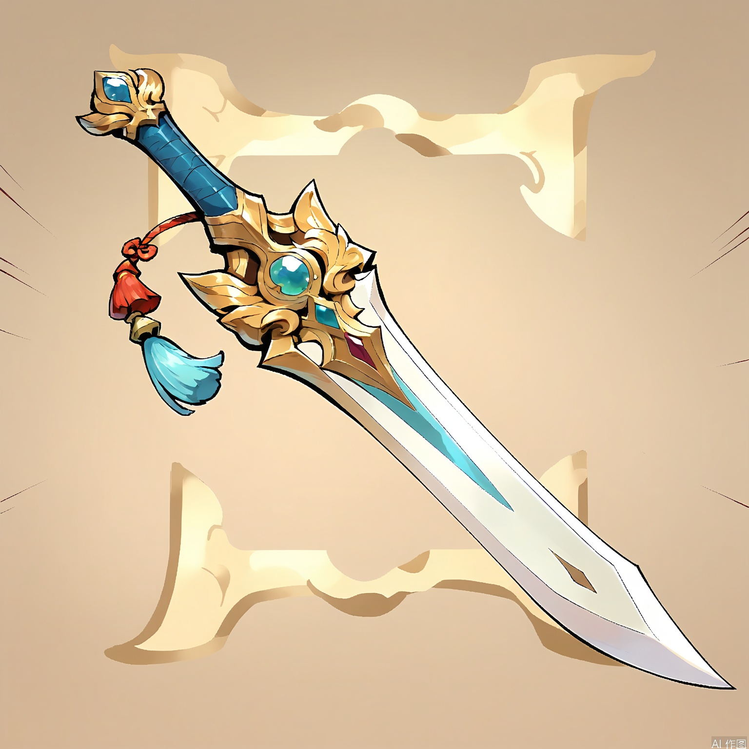 GFTB, A traditional Chinese ink-style game weapon icon featuring a gleaming Jian sword. The sword's blade is depicted with sharp, flowing lines, while its hilt is adorned with intricate cloud motifs and a tassel. The background is a simple white, enhancing the sword's elegance and martial prowess. The overall style is clean yet evocative, focusing on the sword's sharpness and historical charm.