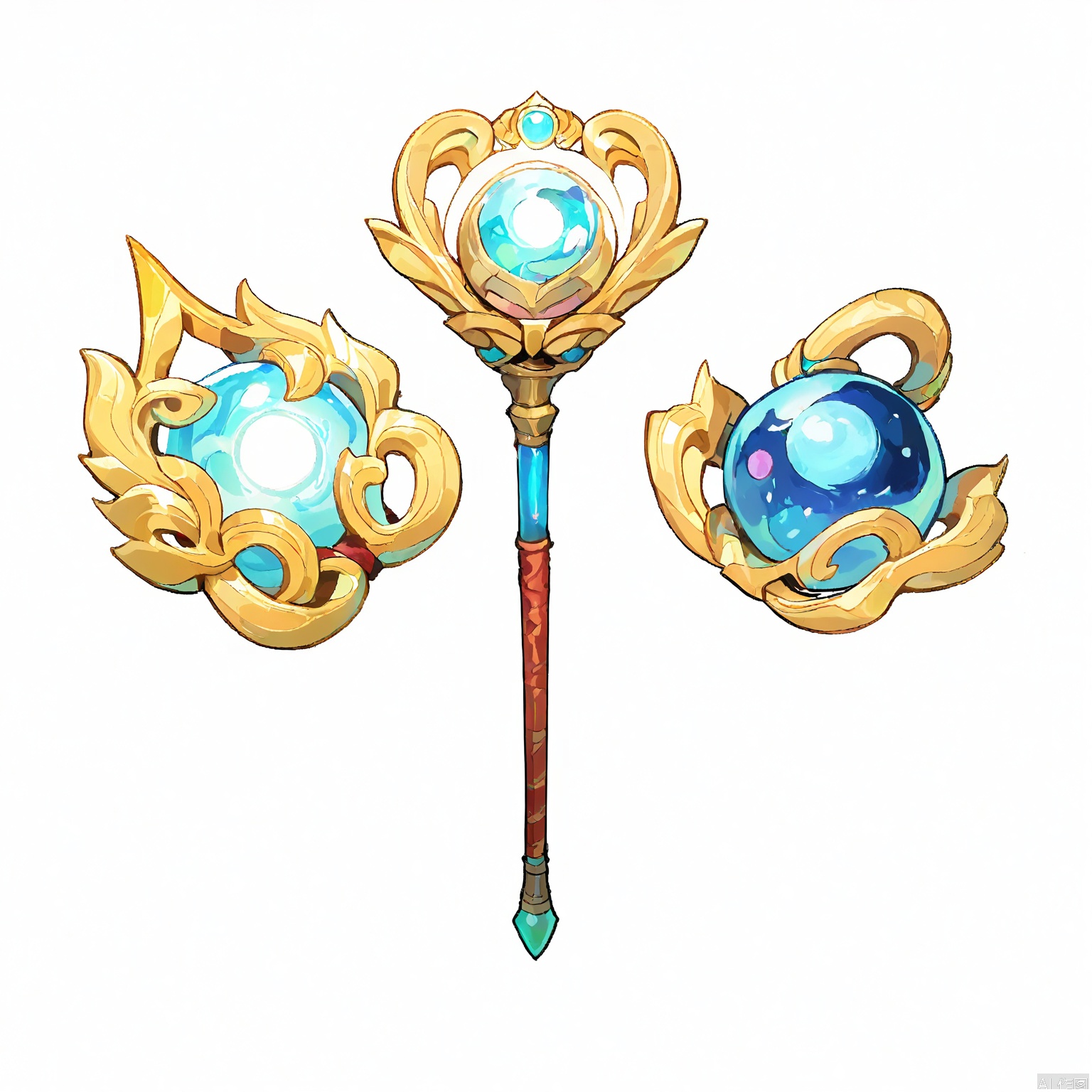 GFTB, An ink illustration of a mystical staff topped with a glowing crystal orb. The staff is carved with intricate patterns and symbols of ancient magic, while the orb emits a soft, ethereal light. The white background enhances the staff's mystical presence, symbolizing wisdom and the mastery of arcane arts in the game.