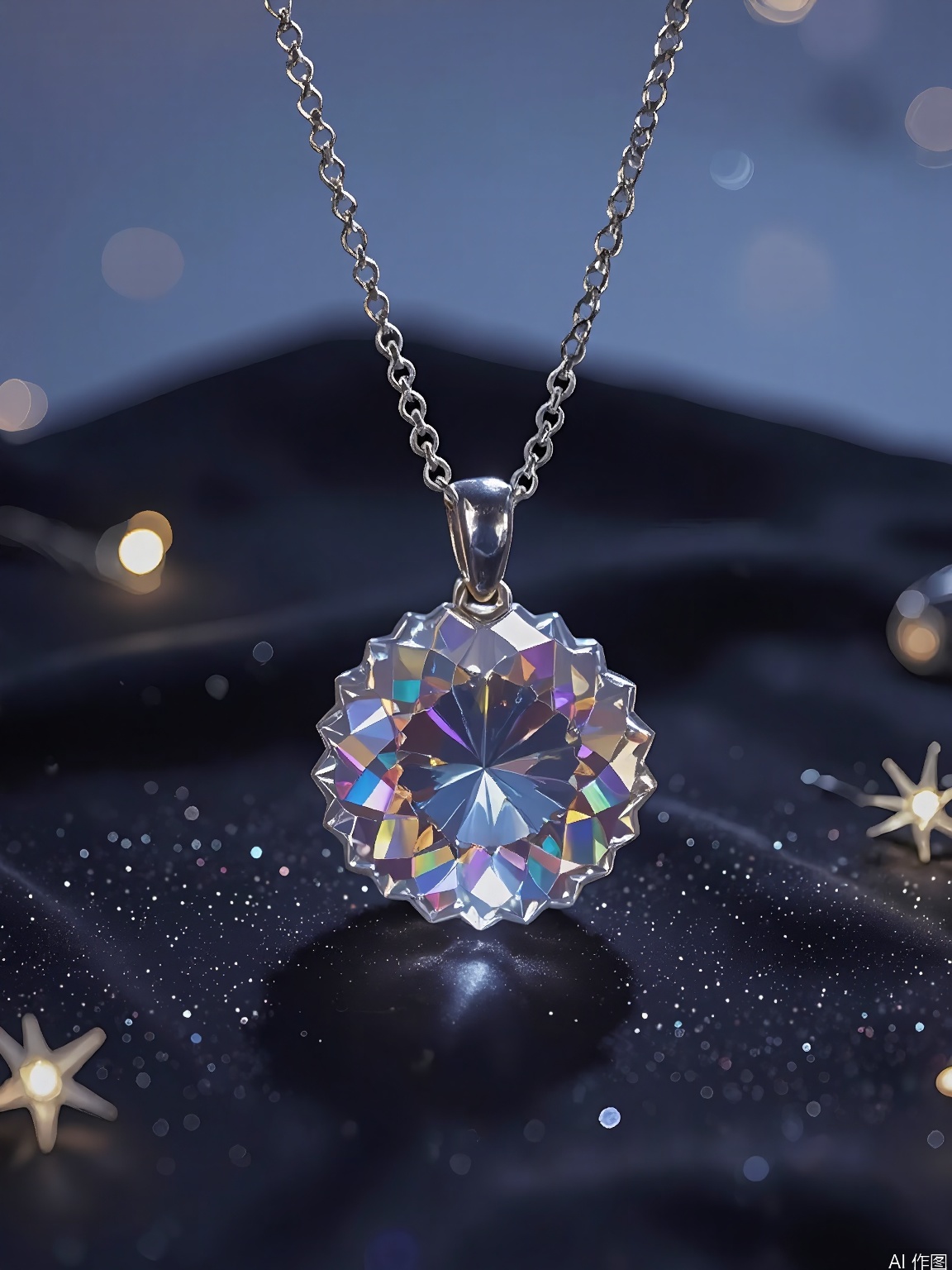 JYTT, A single, crystal-clear diamond pendant, suspended in mid-air with invisible threads, catching and refracting light into a dazzling display of colors. The pendant is placed against a sleek, black velvet backdrop, with shadows and highlights accentuating its faceted, brilliant cut. The background is a soft, deep blue gradient, with small, twinkling star-like LED lights scattered around the pendant, adding a touch of elegance and cosmic wonder to the composition. The lighting is soft and focused, casting a spotlight on the pendant and creating a luxurious, almost magical atmosphere. The overall aesthetic is minimalist and modern, with a focus on the natural beauty of the gemstone and the interplay of light and shadow.