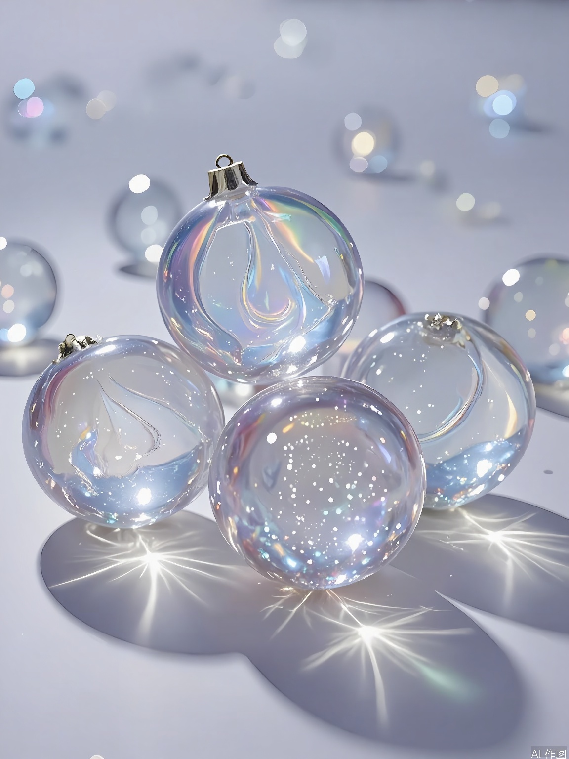 JYTT, A cluster of transparent, glass baubles, filled with swirling, iridescent liquid and tiny, glittering particles, arranged in a cascading formation. The baubles are placed on a mirrored surface, with shadows and highlights enhancing their reflective, shimmering appearance. The background is a soft, silver gradient, with small, floating orbs of light scattered around the baubles, adding a touch of futurism and ethereal beauty to the composition. The lighting is soft and ambient, casting a cool, otherworldly glow and creating a serene, almost dreamy atmosphere. The overall aesthetic is minimalist and contemporary, with a focus on the captivating play of light and movement within the baubles.