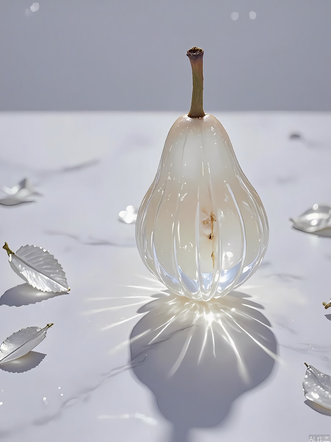 JYTT, A single, whole pear, sliced into thin wedges and arranged in a fan shape, emphasizing its elongated shape and juicy, white interior. The pear wedges are placed on a marble surface, with shadows and highlights accentuating their fresh, crisp texture. The background is a soft, gray gradient, with small, scattered silver leaves around the pear, adding a touch of modern elegance and sophistication to the composition. The lighting is soft and even, casting a cool, refreshing glow and creating a calm, almost minimalist atmosphere. The overall aesthetic is minimalist and contemporary, with a focus on the natural beauty of the fruit and the subtle play of light and shadow.
