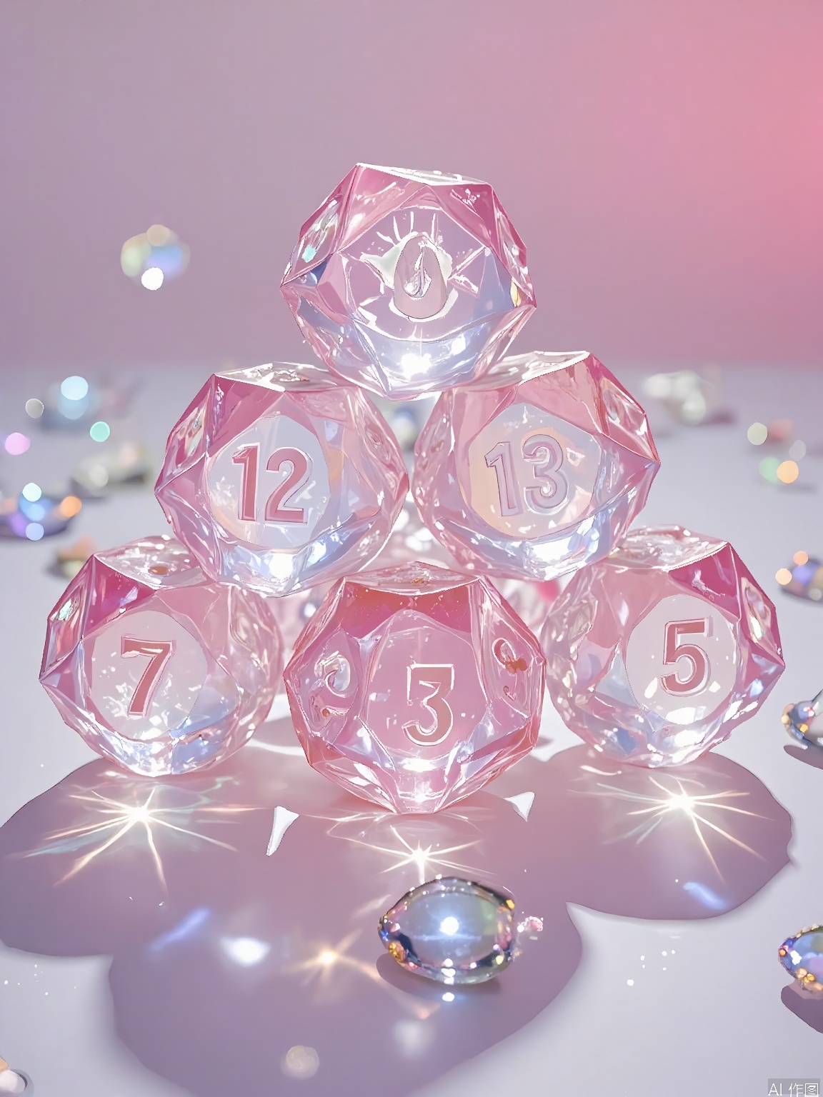 JYTT, A set of transparent, acrylic dice, with intricate, laser-cut patterns and numbers, arranged in a pyramid shape. The dice are placed on a glass surface, with shadows and highlights accentuating their sharp, geometric edges and glossy finish. The background is a soft, neon pink gradient, with small, floating holographic shards scattered around the dice, adding a touch of modernity and playfulness to the composition. The lighting is bright and colorful, casting a vibrant glow and creating a lively, almost electric atmosphere. The overall aesthetic is minimalist and futuristic, with a focus on the bold, graphic design of the dice and the dynamic play of light and color.

