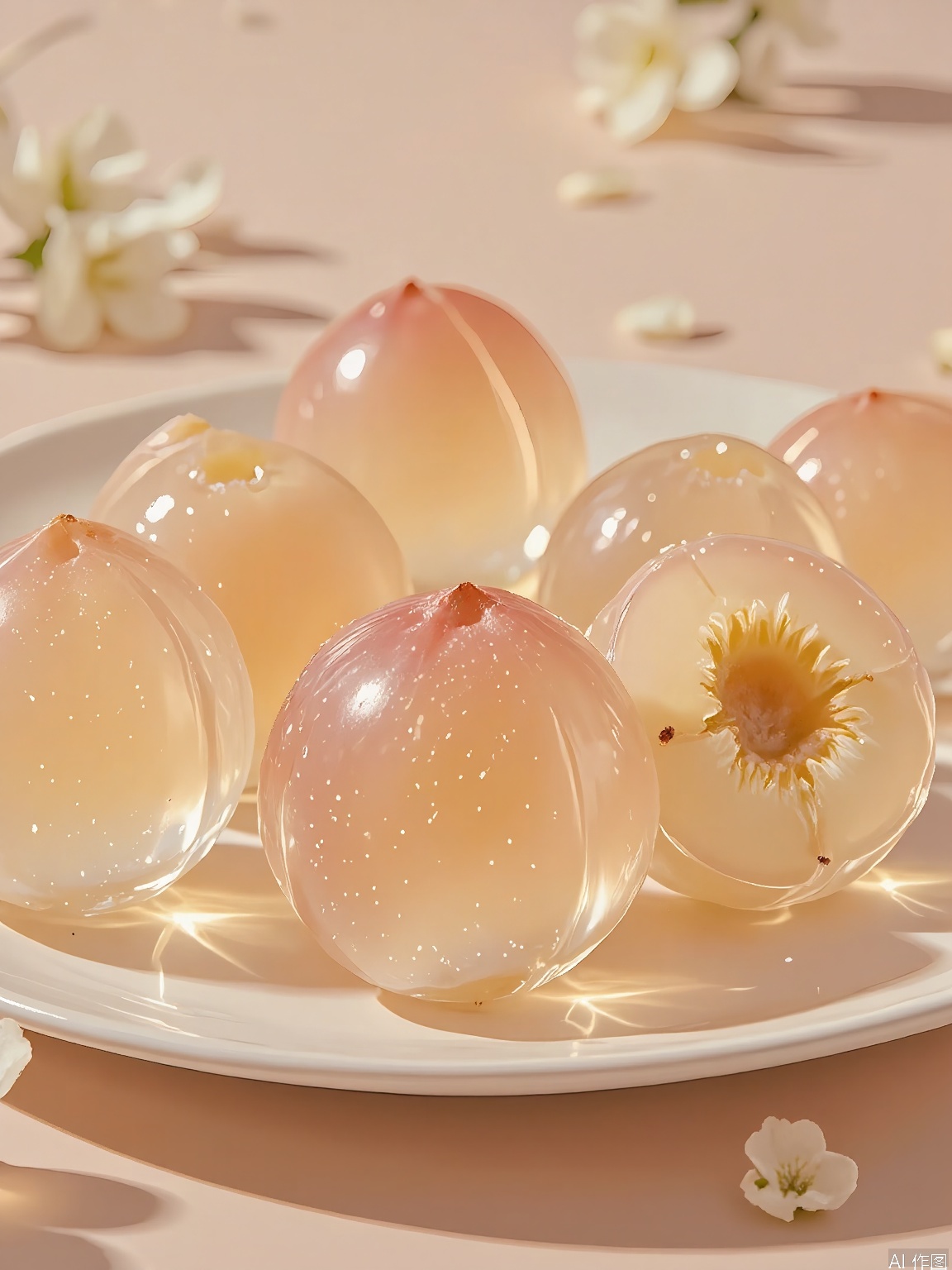 JYTT, A plate of fresh peaches, halved and arranged in a circular pattern, showcasing their soft, fuzzy exteriors and juicy, golden interiors. The peaches are placed on a ceramic surface, with shadows and highlights enhancing their plump, velvety appearance. The background is a soft, peach gradient, with small, scattered peach blossoms around the peaches, adding a touch of romance and freshness to the composition. The lighting is warm and inviting, casting a golden hue and creating a cozy, almost gourmet atmosphere. The overall aesthetic is minimalist and culinary, with a focus on the natural elegance of the fruit and the captivating interplay of light and texture.


