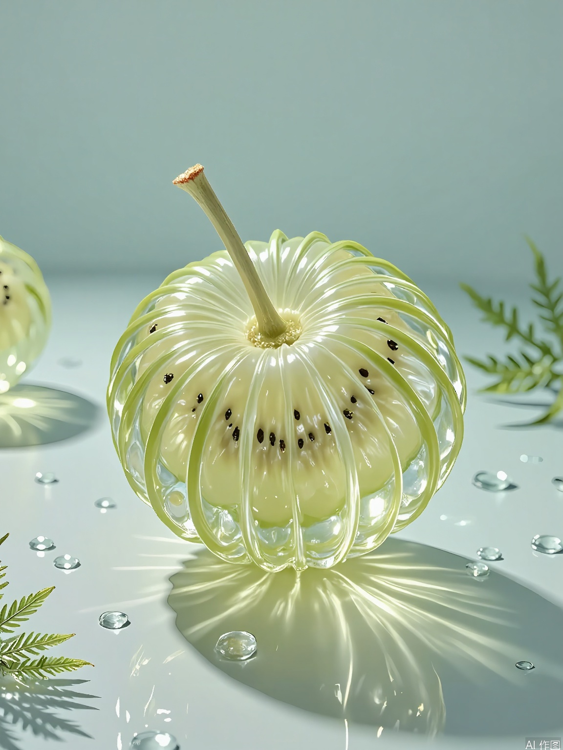 JYTT, A single, whole kiwi, peeled and sliced into rounds, with the rounds arranged in a spiral pattern, resembling a tropical flower. The kiwi slices are placed on a glass surface, with shadows and highlights accentuating their bright green color and juicy texture. The background is a soft, teal gradient, with small, scattered fern leaves around the kiwi, adding a touch of botanical freshness and elegance to the composition. The lighting is soft and filtered, casting a cool, refreshing glow and creating a calm, almost ethereal atmosphere. The overall aesthetic is minimalist and modern, with a focus on the natural vibrancy of the fruit and the play of light and shadow.

