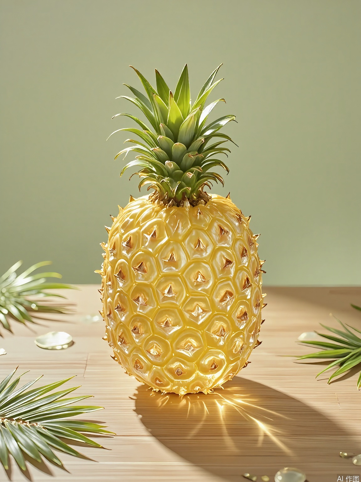 JYTT, A single, whole pineapple, peeled and sliced into rings, with the rings arranged in a concentric pattern, resembling a tropical sun. The pineapple is placed on a bamboo surface, with shadows and highlights accentuating its fibrous, golden texture. The background is a soft, green gradient, with small, scattered palm leaves around the pineapple, adding a touch of tropical flair and freshness to the composition. The lighting is bright and airy, casting a natural glow and creating a lively, almost island-like atmosphere. The overall aesthetic is minimalist and tropical, with a focus on the natural exoticism of the fruit and the play of light and shadow.
