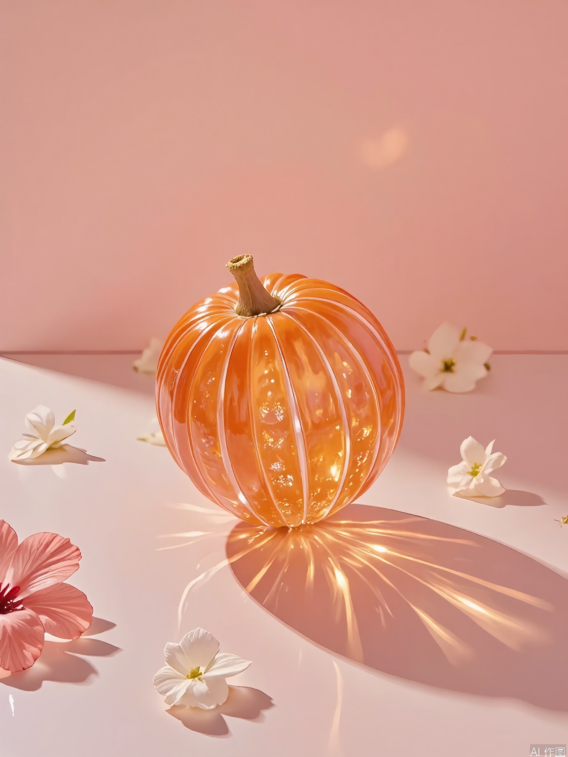 JYTT, A single, whole papaya, peeled and sliced into thin strips, with the strips arranged in a spiral pattern, resembling a tropical flower. The papaya slices are placed on a glass surface, with shadows and highlights accentuating their bright orange color and juicy texture. The background is a soft, coral gradient, with small, scattered hibiscus flowers around the papaya, adding a touch of tropical flair and elegance to the composition. The lighting is soft and filtered, casting a warm, inviting glow and creating a lively, almost island-like atmosphere. The overall aesthetic is minimalist and tropical, with a focus on the natural vibrancy of the fruit and the play of light and shadow.
