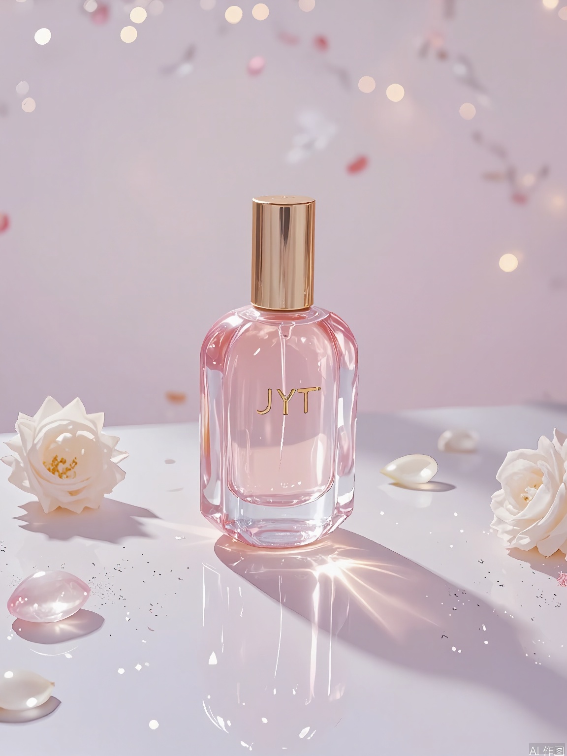 JYTT, A single, crystal-clear perfume bottle, with a sleek, minimalist design and a golden cap, placed on a mirrored surface. The bottle is surrounded by a soft, halo of light, with shadows and highlights emphasizing its reflective, glossy texture. The background is a soft, pastel pink gradient, with small, scattered rose petals and glitter around the bottle, adding a touch of femininity and luxury to the composition. The lighting is soft and diffused, casting a warm, rosy glow and creating a serene, almost dreamy atmosphere. The overall aesthetic is minimalist and chic, with a focus on the elegant design of the bottle and the delicate interplay of light and shadow.

