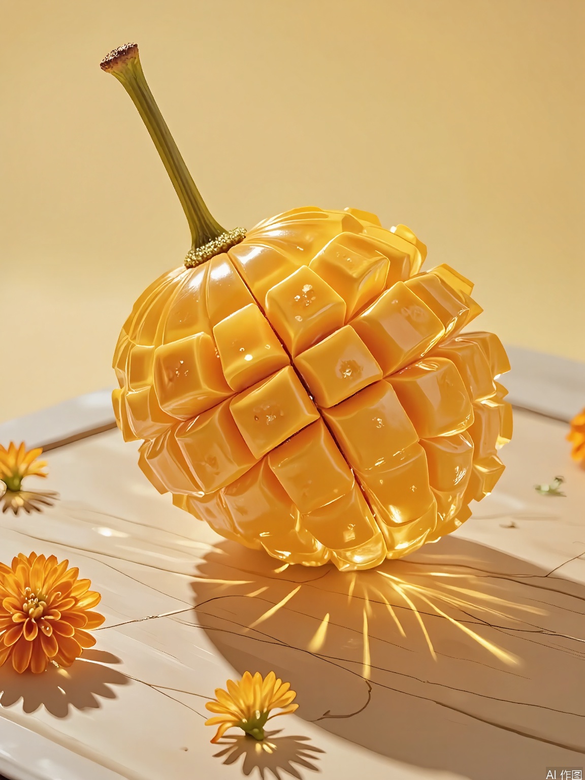 JYTT, A single, whole mango, peeled and sliced into thin strips, with the strips arranged in a radial pattern, resembling a sunburst. The mango slices are placed on a bamboo surface, with shadows and highlights accentuating their bright orange color and juicy texture. The background is a soft, yellow gradient, with small, scattered marigold flowers around the mango, adding a touch of tropical flair and freshness to the composition. The lighting is bright and warm, casting a natural glow and creating a lively, almost island-like atmosphere. The overall aesthetic is minimalist and tropical, with a focus on the natural exoticism of the fruit and the play of light and shadow.
