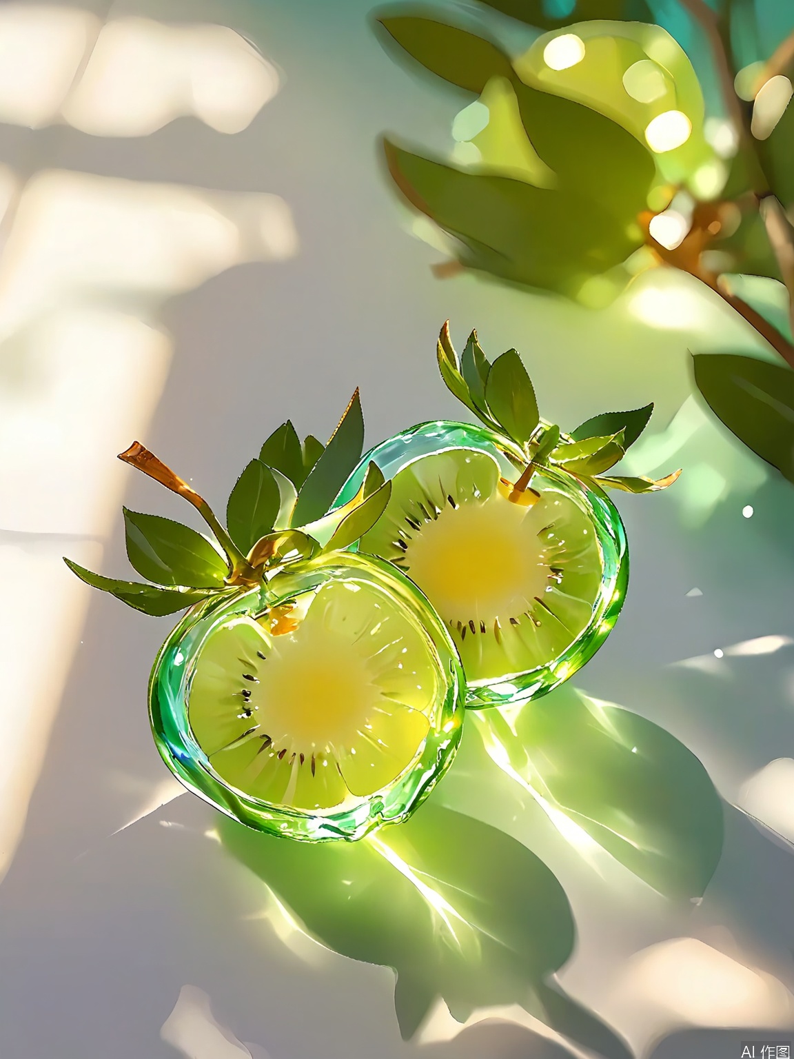 JYTT, A single, whole kiwi, peeled and sliced into rounds, with the rounds arranged in a spiral pattern, resembling a tropical flower. The kiwi slices are placed on a glass surface, with shadows and highlights accentuating their bright green color and juicy texture. The background is a soft, teal gradient, with small, scattered fern leaves around the kiwi, adding a touch of botanical freshness and elegance to the composition. The lighting is soft and filtered, casting a cool, refreshing glow and creating a calm, almost ethereal atmosphere. The overall aesthetic is minimalist and modern, with a focus on the natural vibrancy of the fruit and the play of light and shadow.
