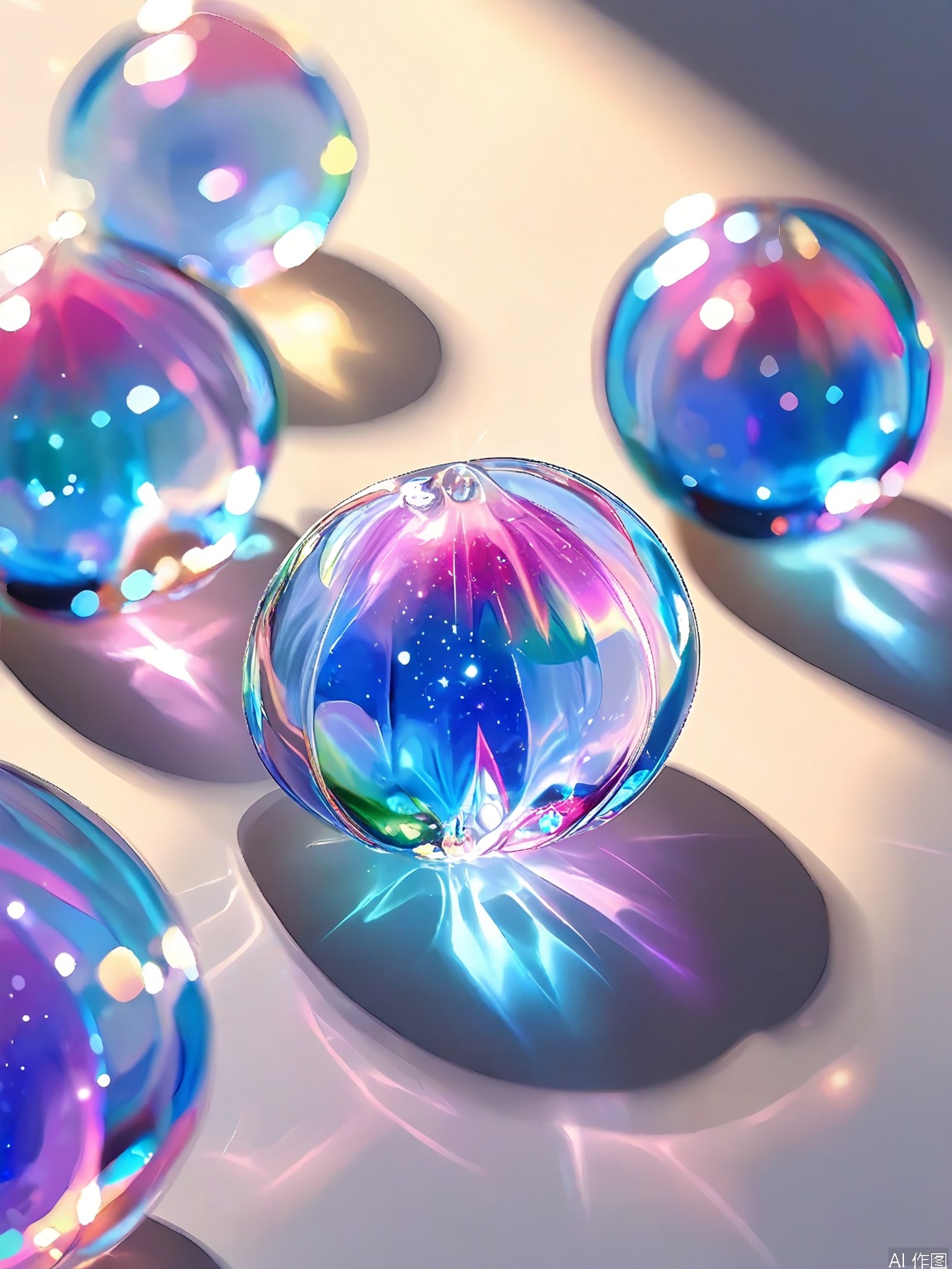 JYTT, A cluster of transparent, glass baubles, filled with swirling, iridescent liquid and tiny, glittering particles, arranged in a cascading formation. The baubles are placed on a mirrored surface, with shadows and highlights enhancing their reflective, shimmering appearance. The background is a soft, silver gradient, with small, floating orbs of light scattered around the baubles, adding a touch of futurism and ethereal beauty to the composition. The lighting is soft and ambient, casting a cool, otherworldly glow and creating a serene, almost dreamy atmosphere. The overall aesthetic is minimalist and contemporary, with a focus on the captivating play of light and movement within the baubles.