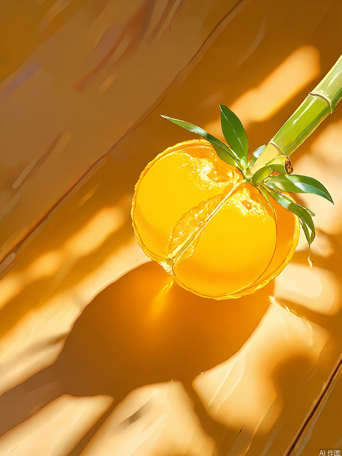 JYTT, A single, whole mango, peeled and sliced into thin strips, with the strips arranged in a radial pattern, resembling a sunburst. The mango slices are placed on a bamboo surface, with shadows and highlights accentuating their bright orange color and juicy texture. The background is a soft, yellow gradient, with small, scattered marigold flowers around the mango, adding a touch of tropical flair and freshness to the composition. The lighting is bright and warm, casting a natural glow and creating a lively, almost island-like atmosphere. The overall aesthetic is minimalist and tropical, with a focus on the natural exoticism of the fruit and the play of light and shadow.
