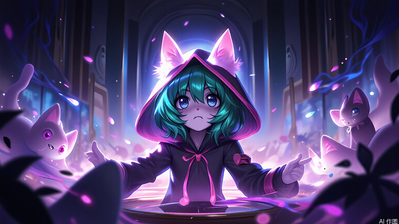 YXLM, A digital painting of a young girl with teal hair and cat ears, wearing a dark hooded cloak with pink accents, standing in a mystical, glowing forest with vibrant purples and blues. She has a serious expression and is surrounded by floating, ghostly cats with glowing eyes. The background features ethereal, otherworldly plants and a faintly visible, ancient structure. The art style is detailed and fantasy-oriented.
