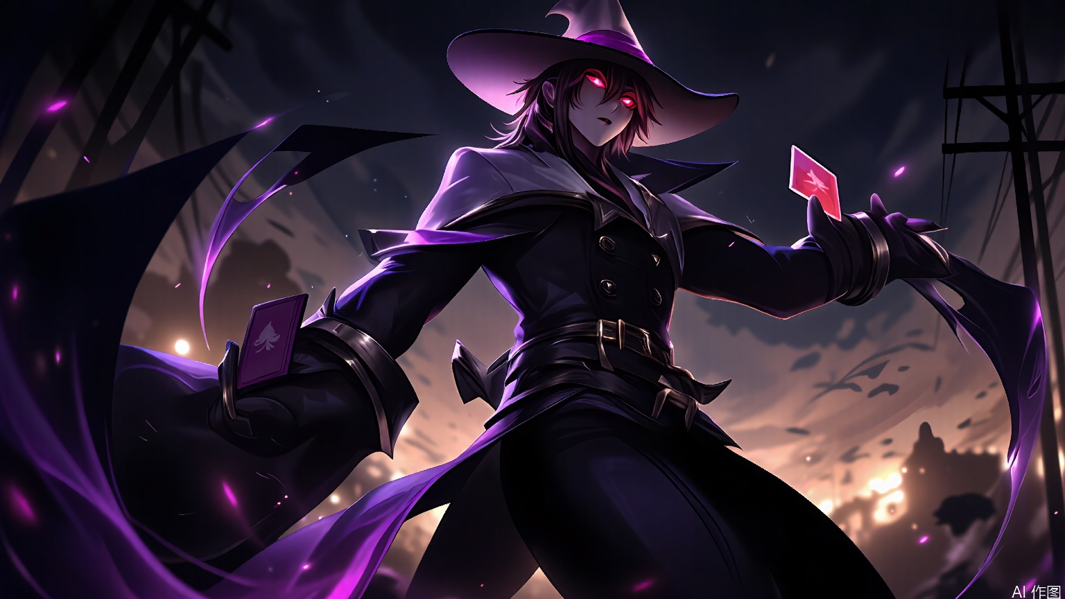 YXLM, A digital illustration of a tall, mysterious figure in a long, dark trench coat with a wide-brimmed hat, standing confidently in a dark, stormy night scene. The figure has glowing red eyes and is holding a red card in one hand, with purple, magical energy swirling around them. The background features a dark, cloudy sky with a bright, orange light illuminating the left side, and power lines and poles in the distance. The style is dark fantasy with a gothic aesthetic.