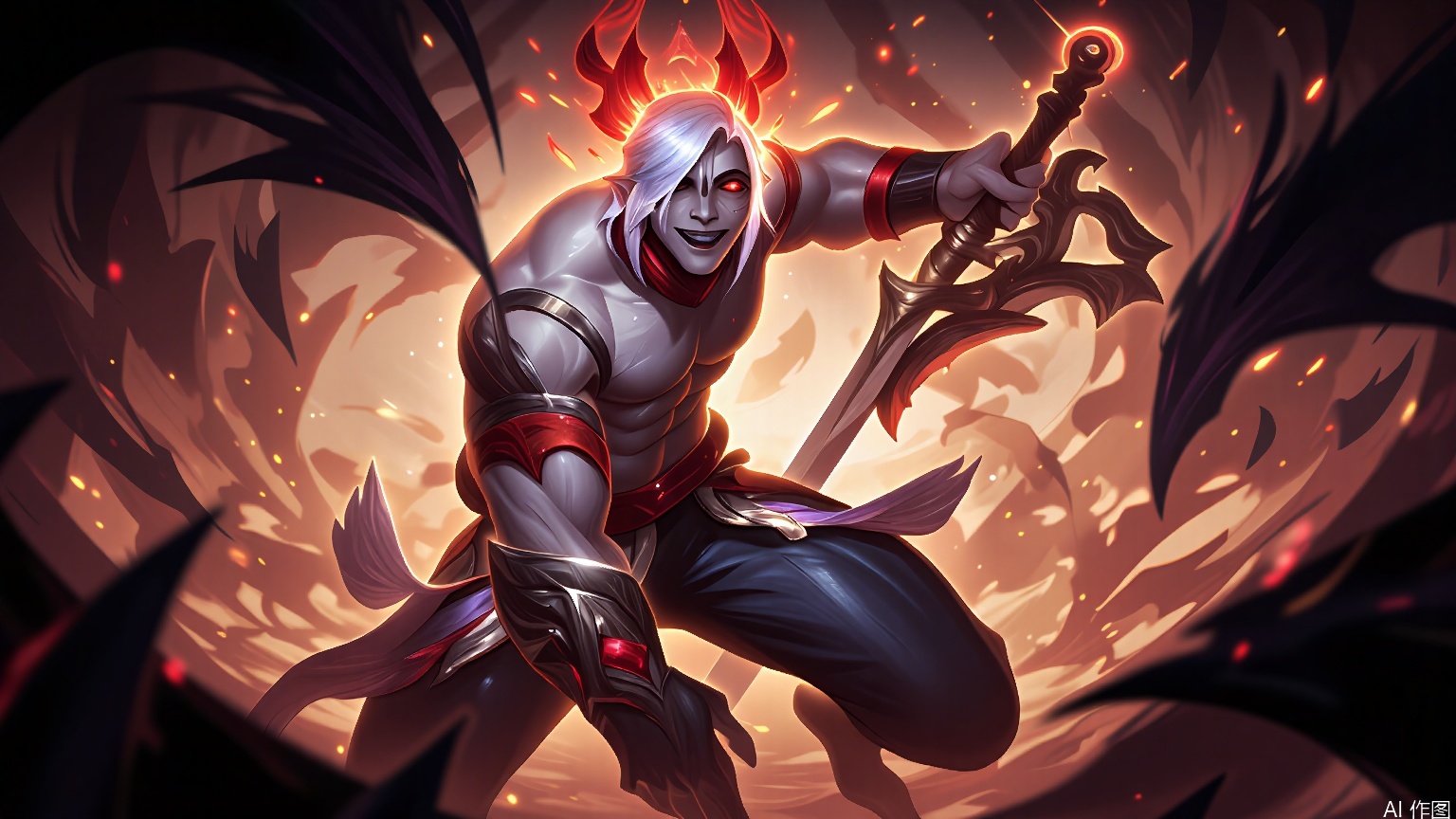 YXLM, A dynamic, action-packed digital painting featuring a muscular warrior with white hair and a fiery red crown, wielding a large, glowing sword. The warrior's armor is intricately designed with a metallic texture, and they are surrounded by dark, ethereal tentacles. The background is a swirling mix of fiery oranges and reds, creating a sense of intense battle. The style is reminiscent of fantasy art with a focus on dramatic lighting and vivid colors.