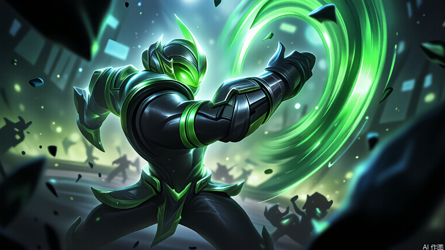 YXLM, digital art, high quality, dynamic action shot, futuristic sci-fi, a lone armored figure in the center, wielding a glowing green energy weapon, bright green and blue hues, neon lights, flying debris, intense battle scene, dark and moody atmosphere, cyberpunk aesthetic, sleek and metallic armor, intricate details, motion blur, dramatic lighting, power and energy, sense of urgency, sci-fi weapons, glowing energy effects, neon green and blue accents, artist signature, vibrant colors, digital painting, detailed textures, sci-fi universe, intense combat, dynamic pose, futuristic technology, sci-fi soldier, energy blasts, neon lighting, sci-fi art, sci-fi armor, sci-fi weapon, sci-fi battle, sci-fi art style